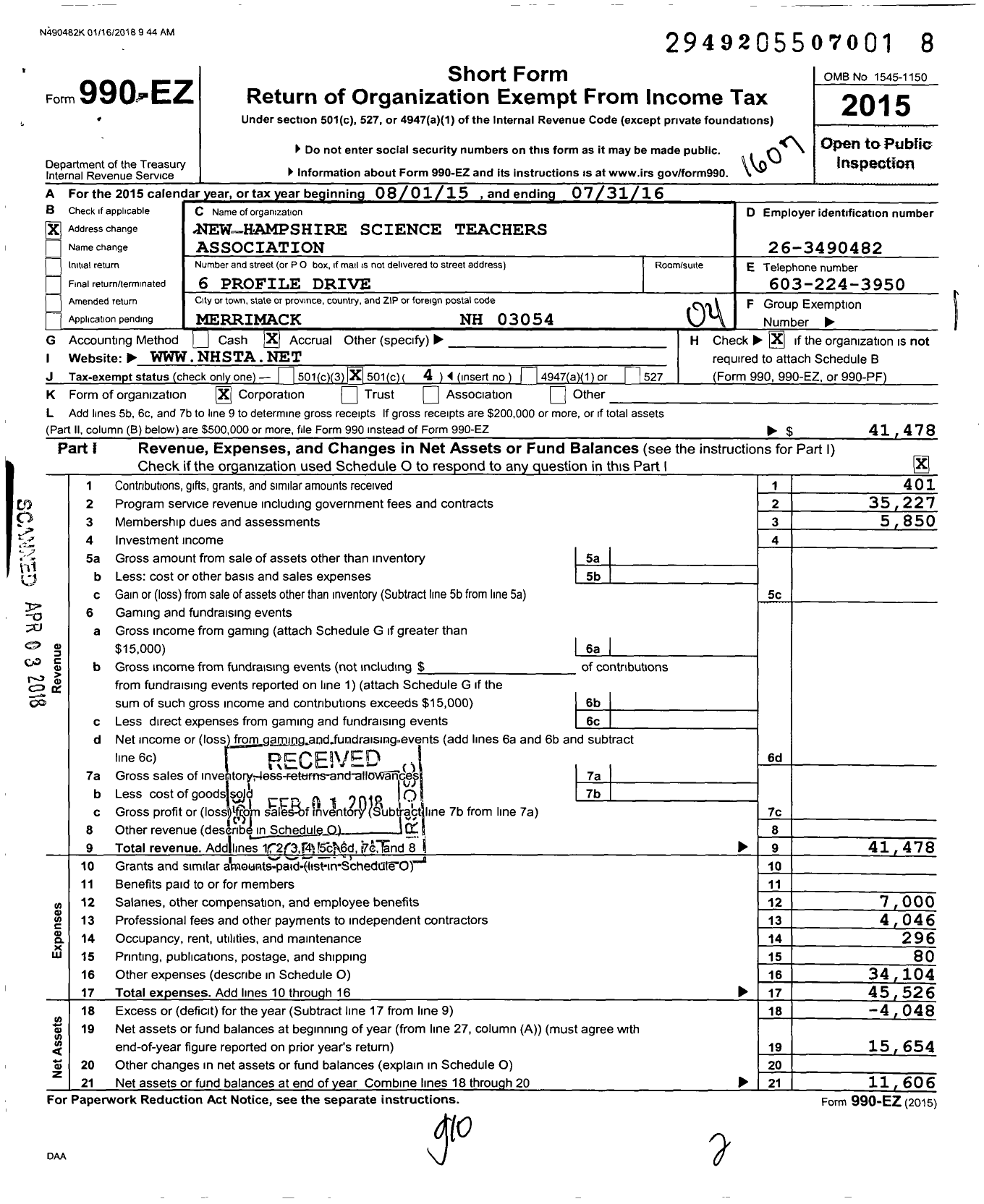 Image of first page of 2015 Form 990EO for New Hampshire Science Teachers Association LLC