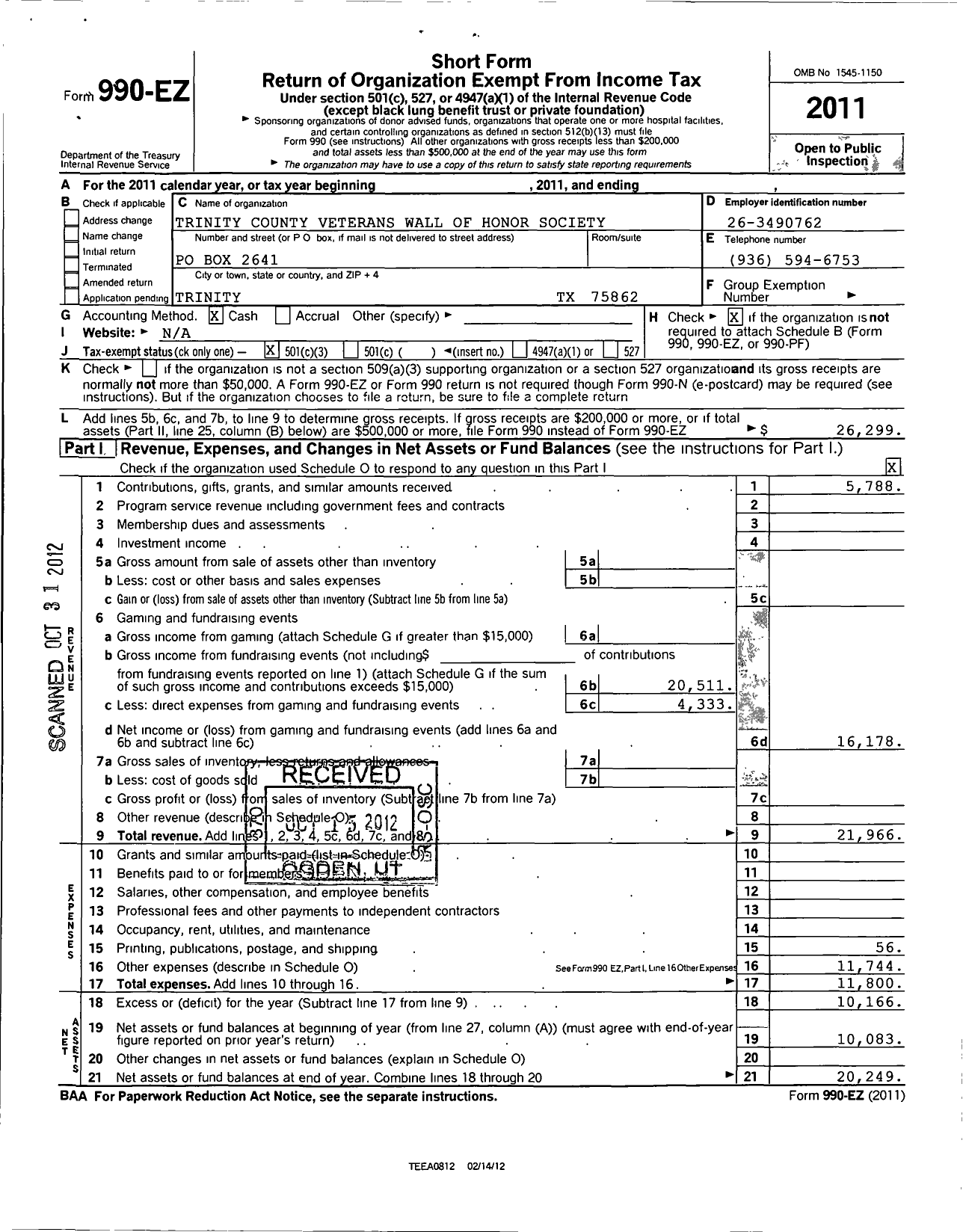 Image of first page of 2011 Form 990EZ for Trinity County Veterans Wall of Honor Society