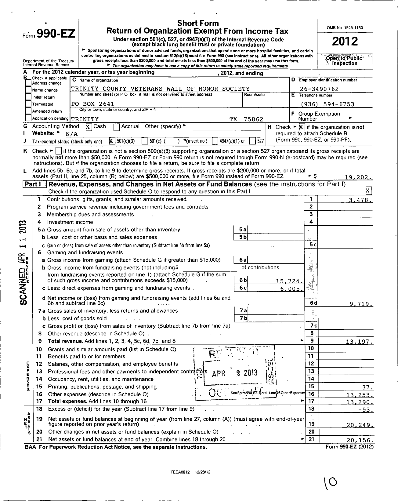 Image of first page of 2012 Form 990EZ for Trinity County Veterans Wall of Honor Society