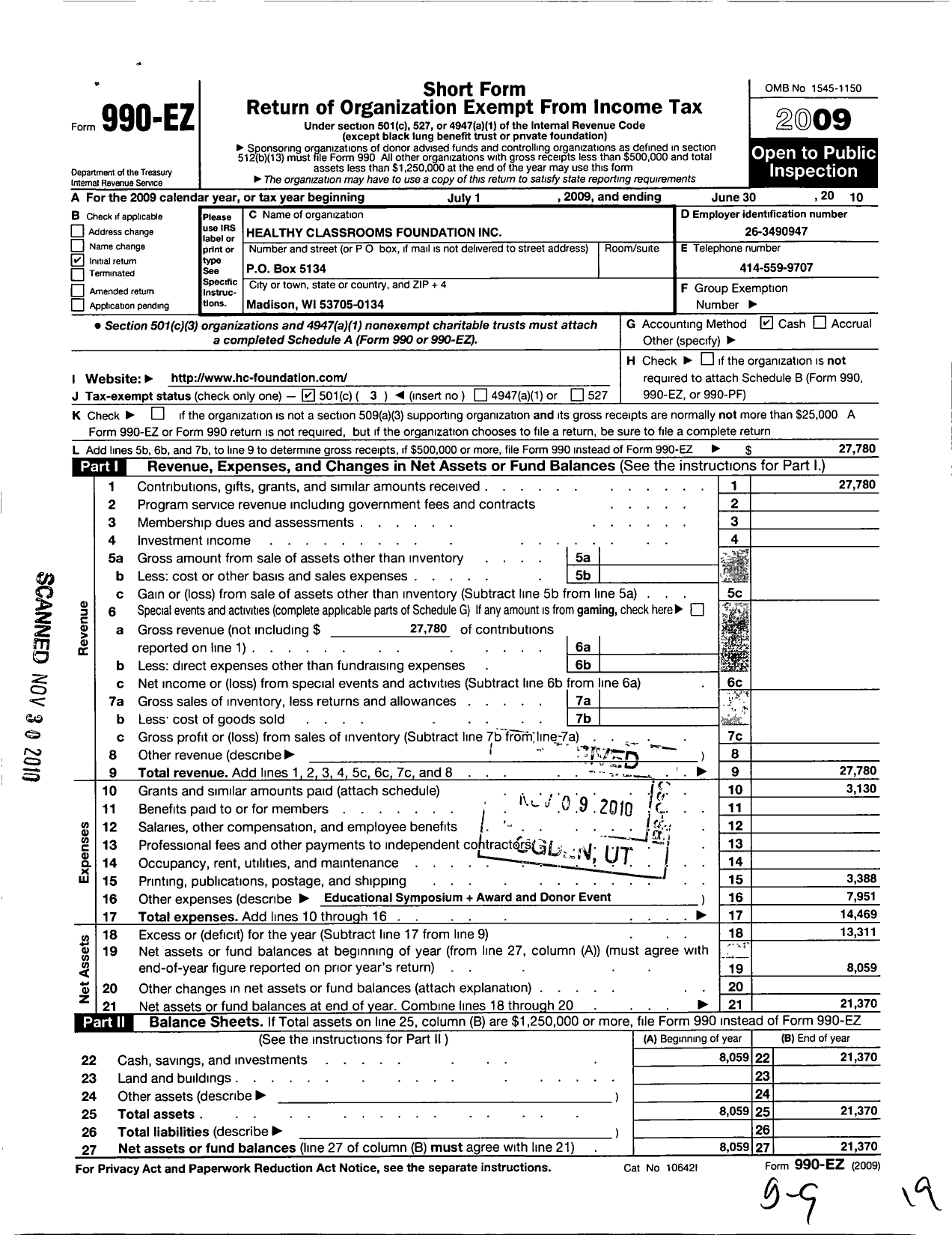 Image of first page of 2009 Form 990EZ for Healthy Classrooms Foundation