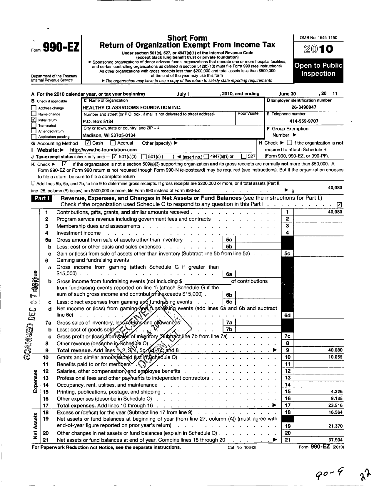 Image of first page of 2010 Form 990EZ for Healthy Classrooms Foundation