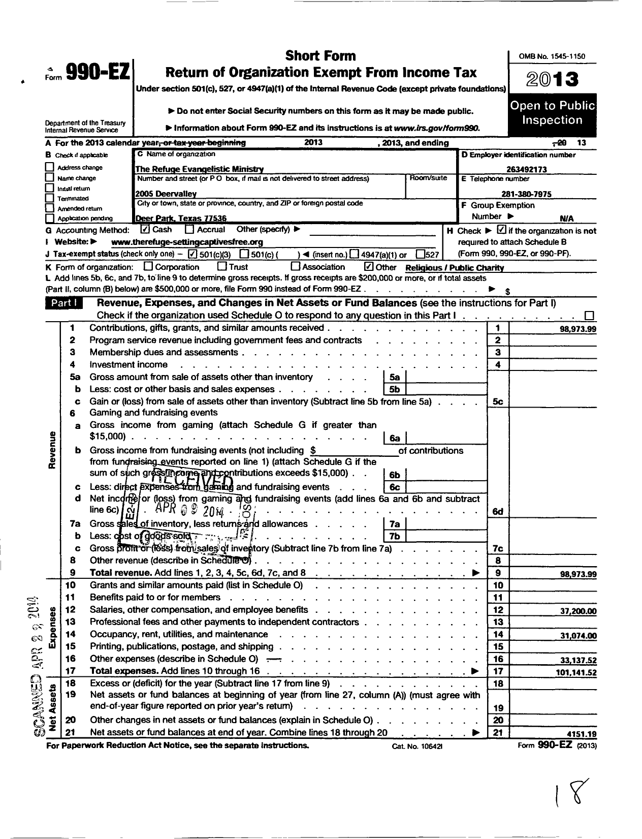 Image of first page of 2013 Form 990EZ for Refuge Evangelistic Ministry