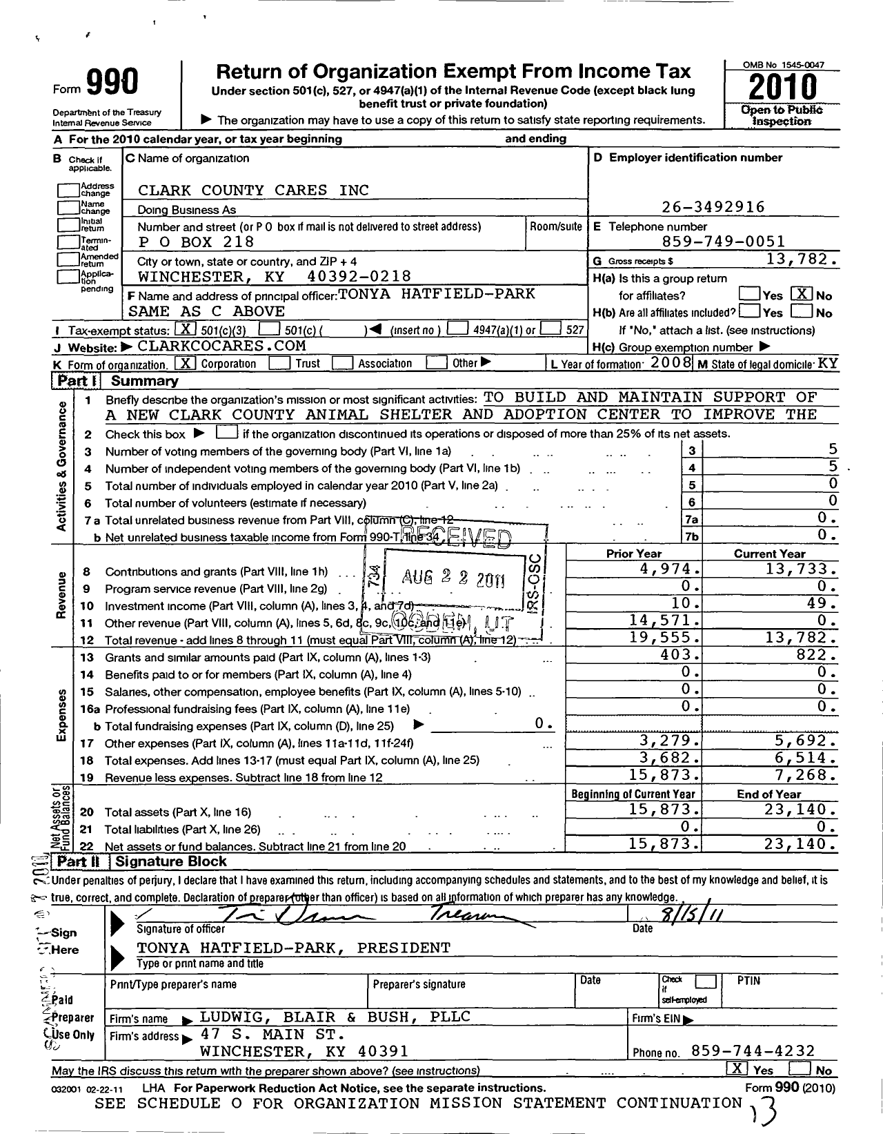 Image of first page of 2010 Form 990 for Clark County Cares