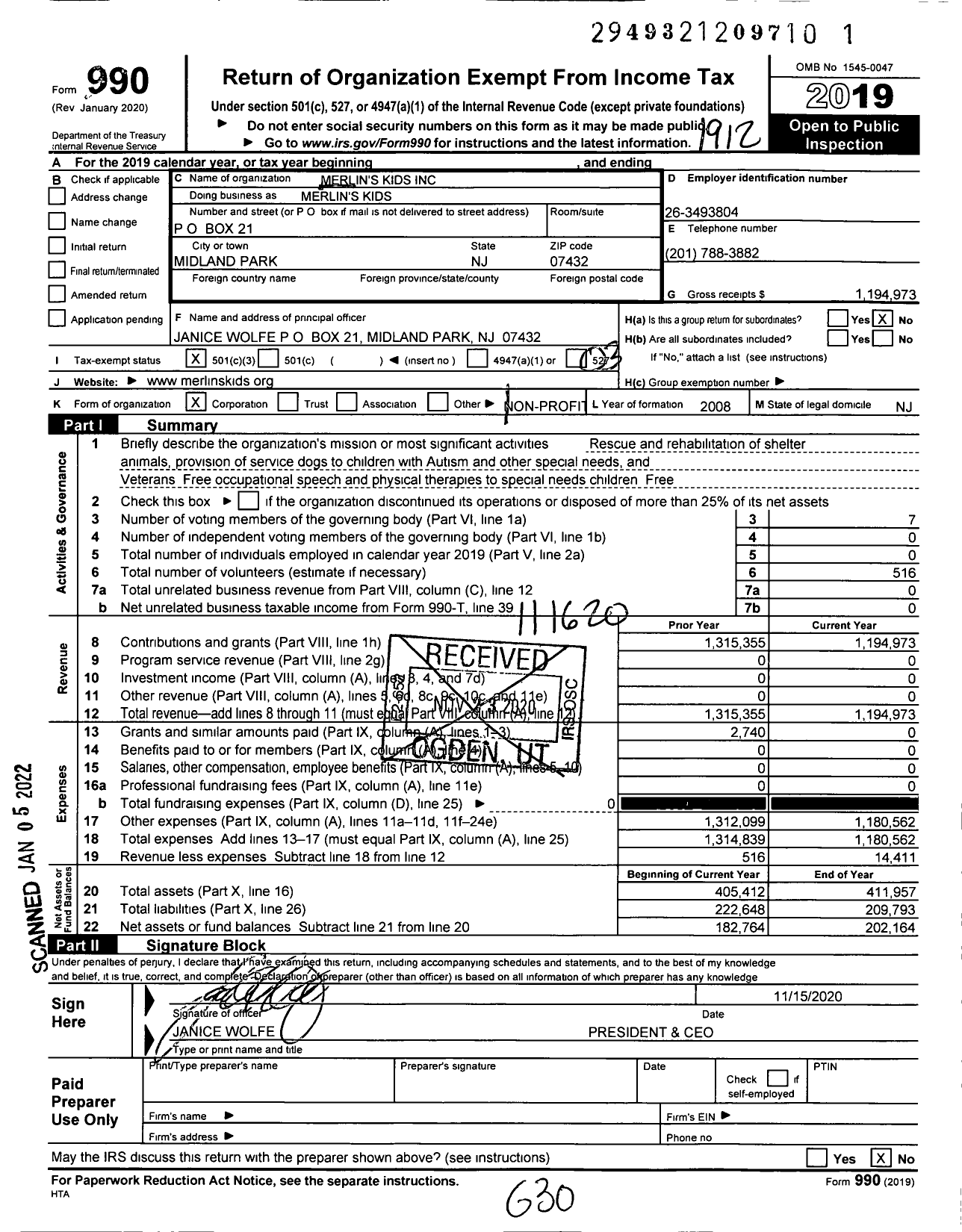 Image of first page of 2019 Form 990 for Merlin's KIDS