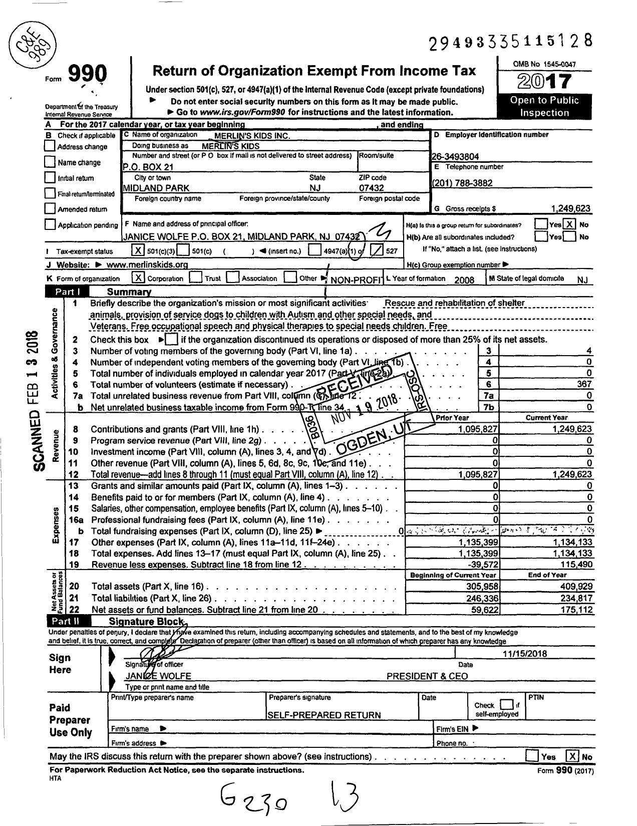 Image of first page of 2017 Form 990 for Merlin's KIDS