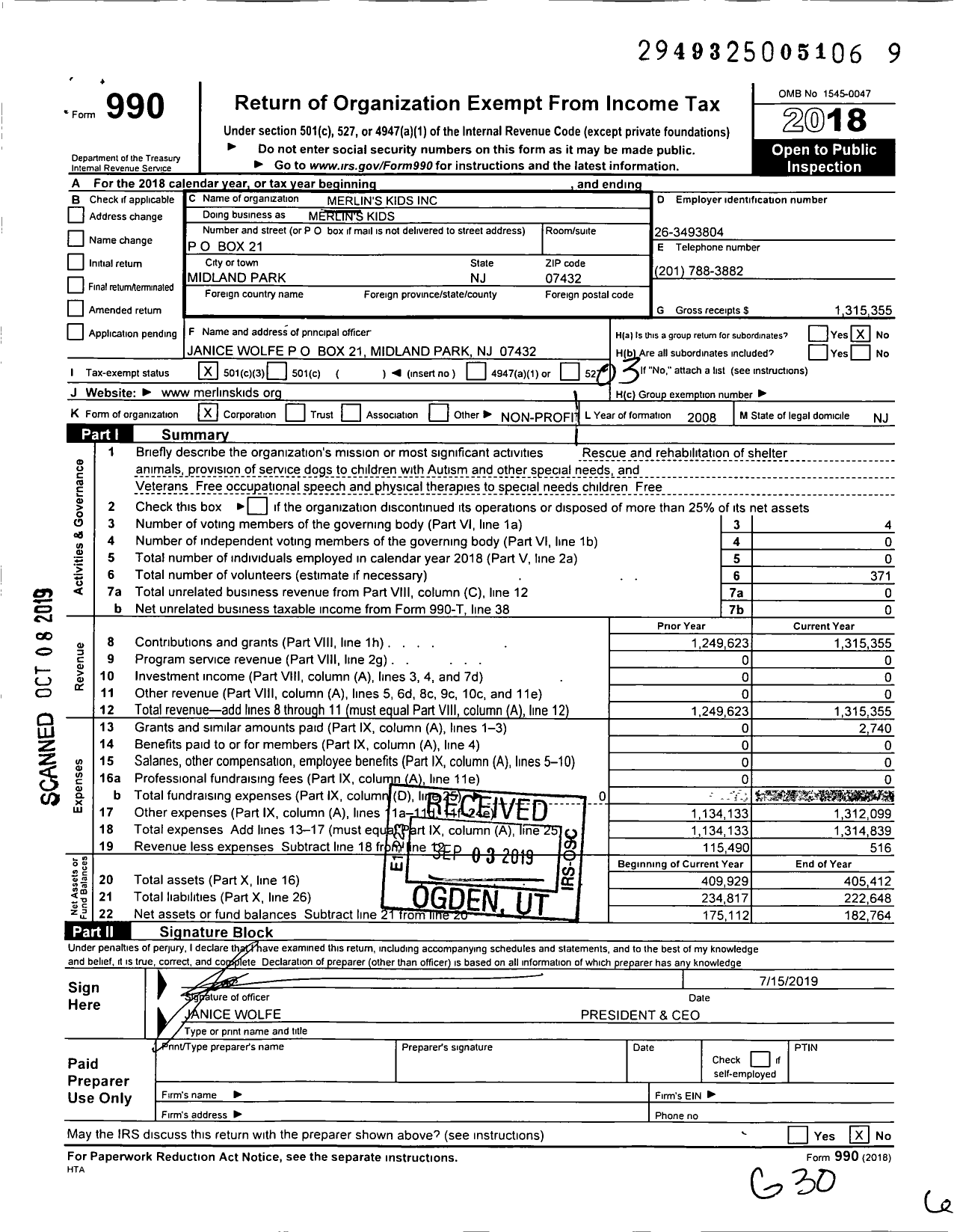 Image of first page of 2018 Form 990 for Merlin's KIDS