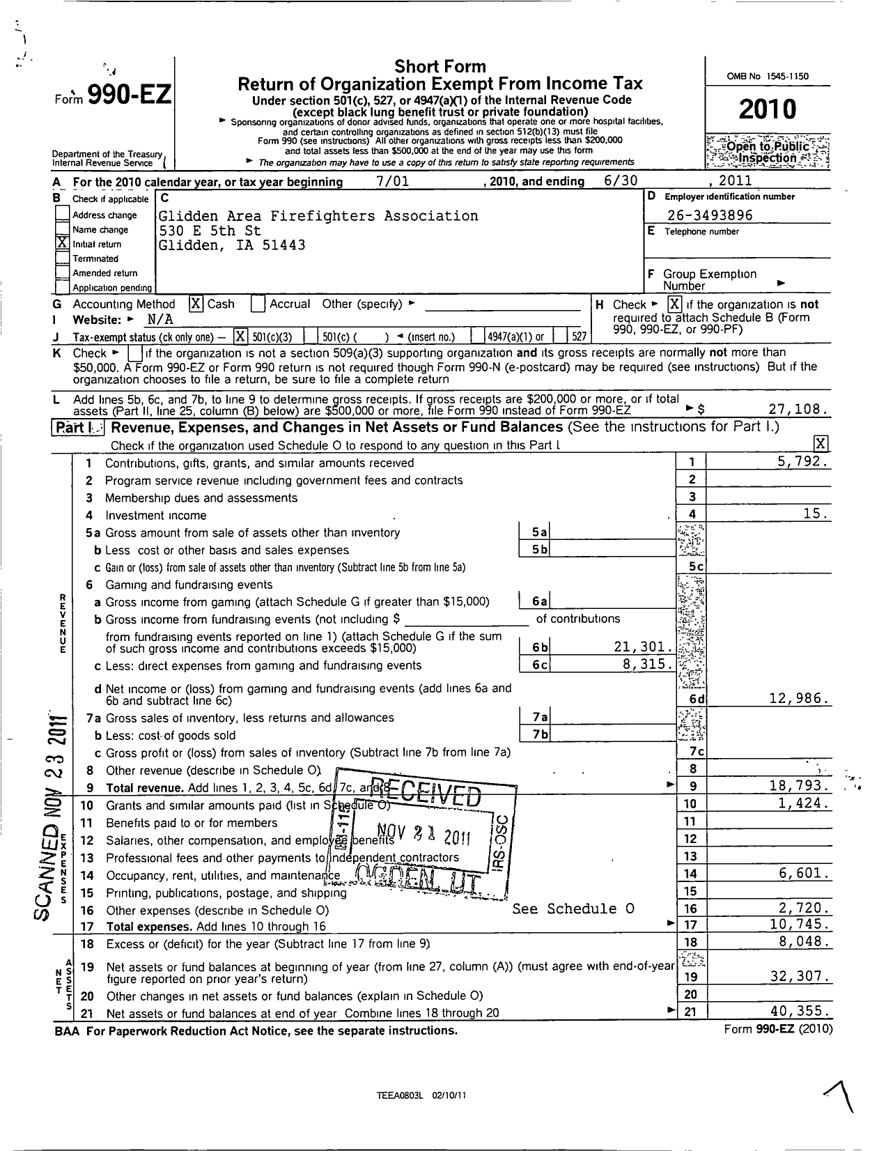 Image of first page of 2010 Form 990EZ for Glidden Area Firefighters Association