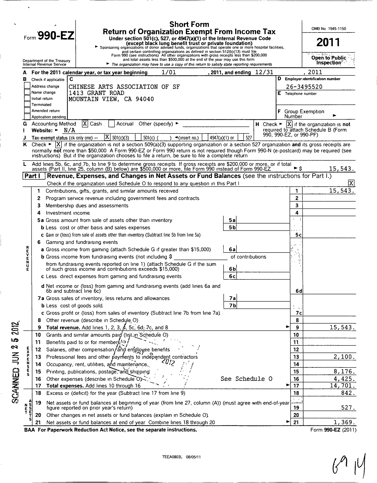 Image of first page of 2011 Form 990EZ for Chinese Arts Association of San Francisco