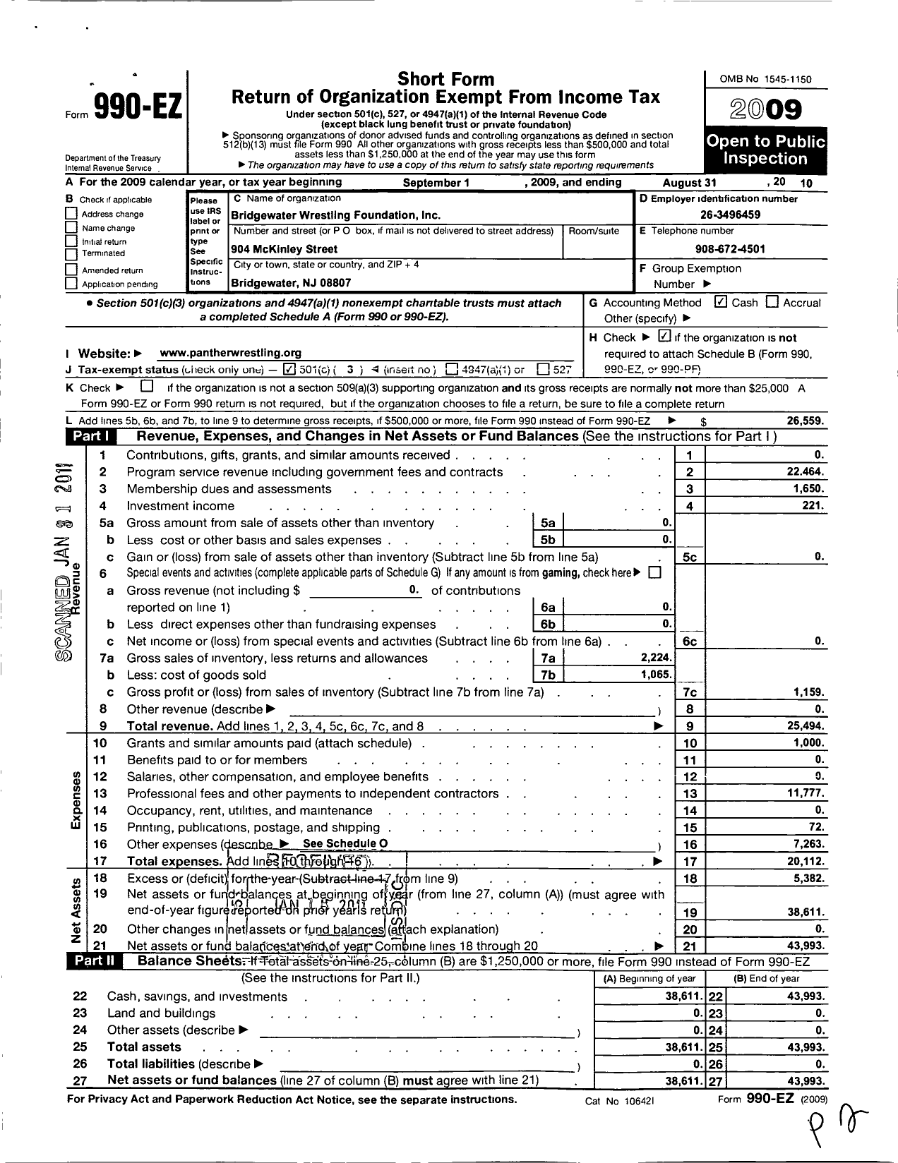 Image of first page of 2009 Form 990EZ for Bridgewater Wrestling Foundation