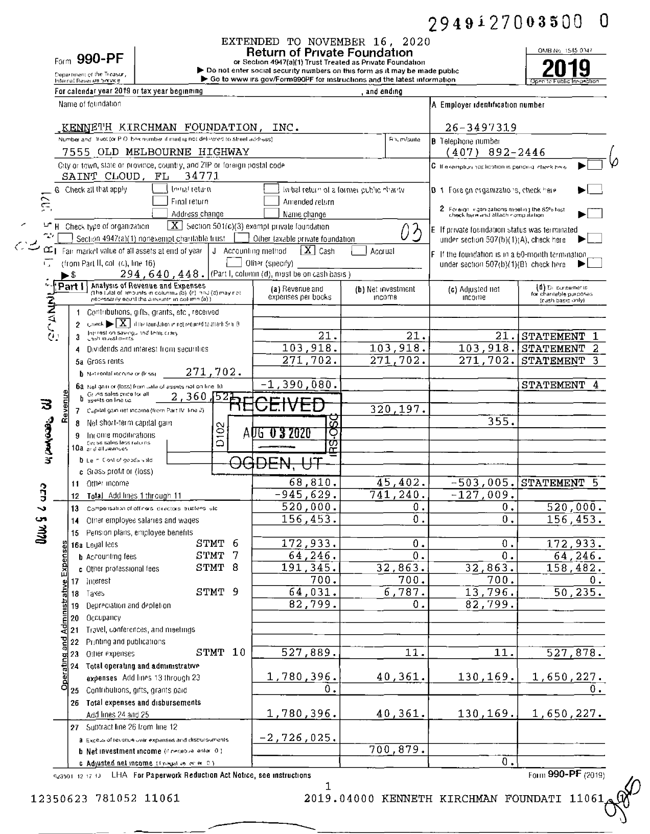 Image of first page of 2019 Form 990PF for Kenneth Kirchman Foundation