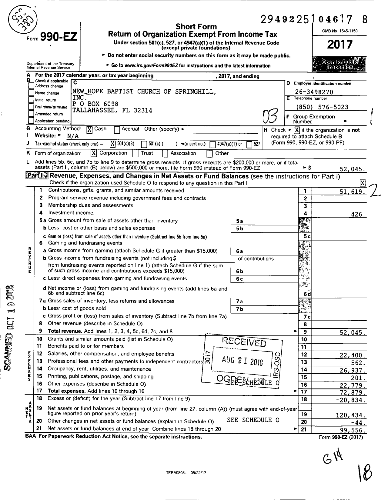 Image of first page of 2017 Form 990EZ for New Hope Baptist Church of Springhill