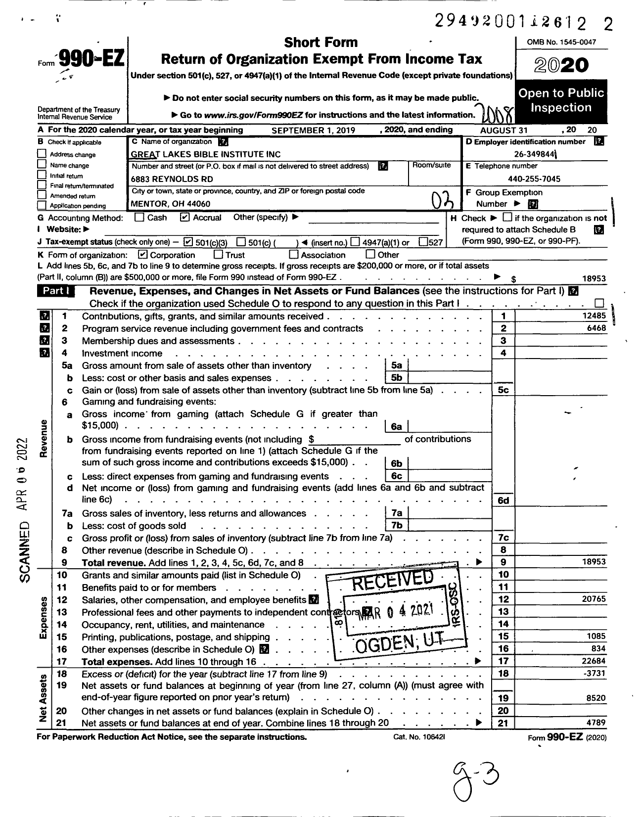 Image of first page of 2019 Form 990EZ for Great Lakes Bible Institute