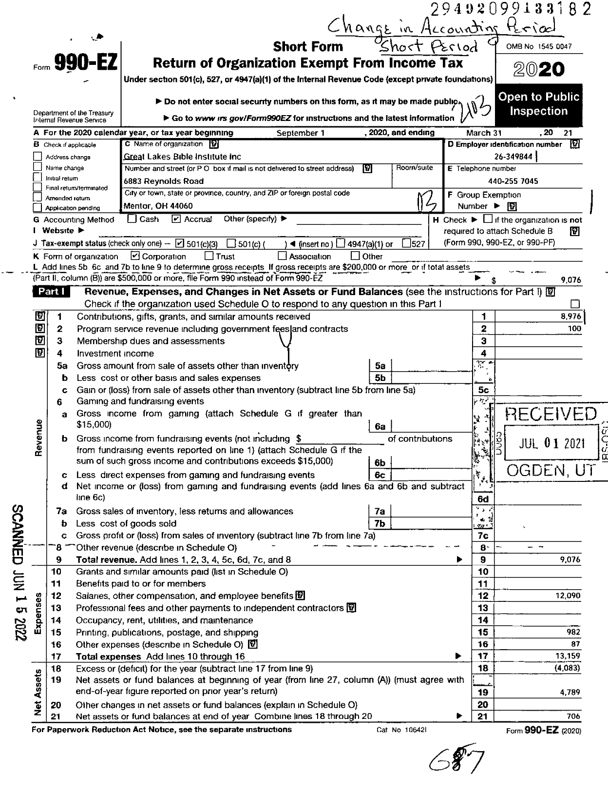 Image of first page of 2020 Form 990EZ for Great Lakes Bible Institute