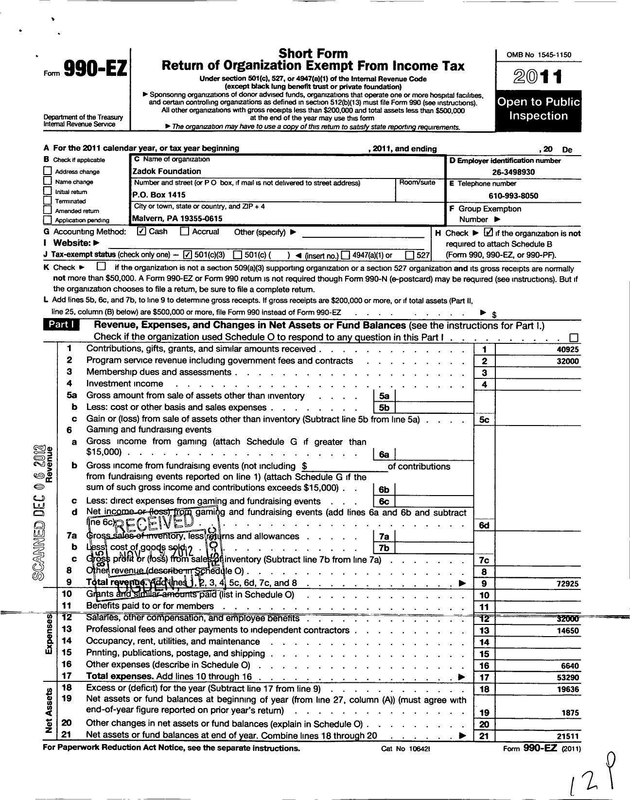 Image of first page of 2011 Form 990EZ for Zadok Foundation