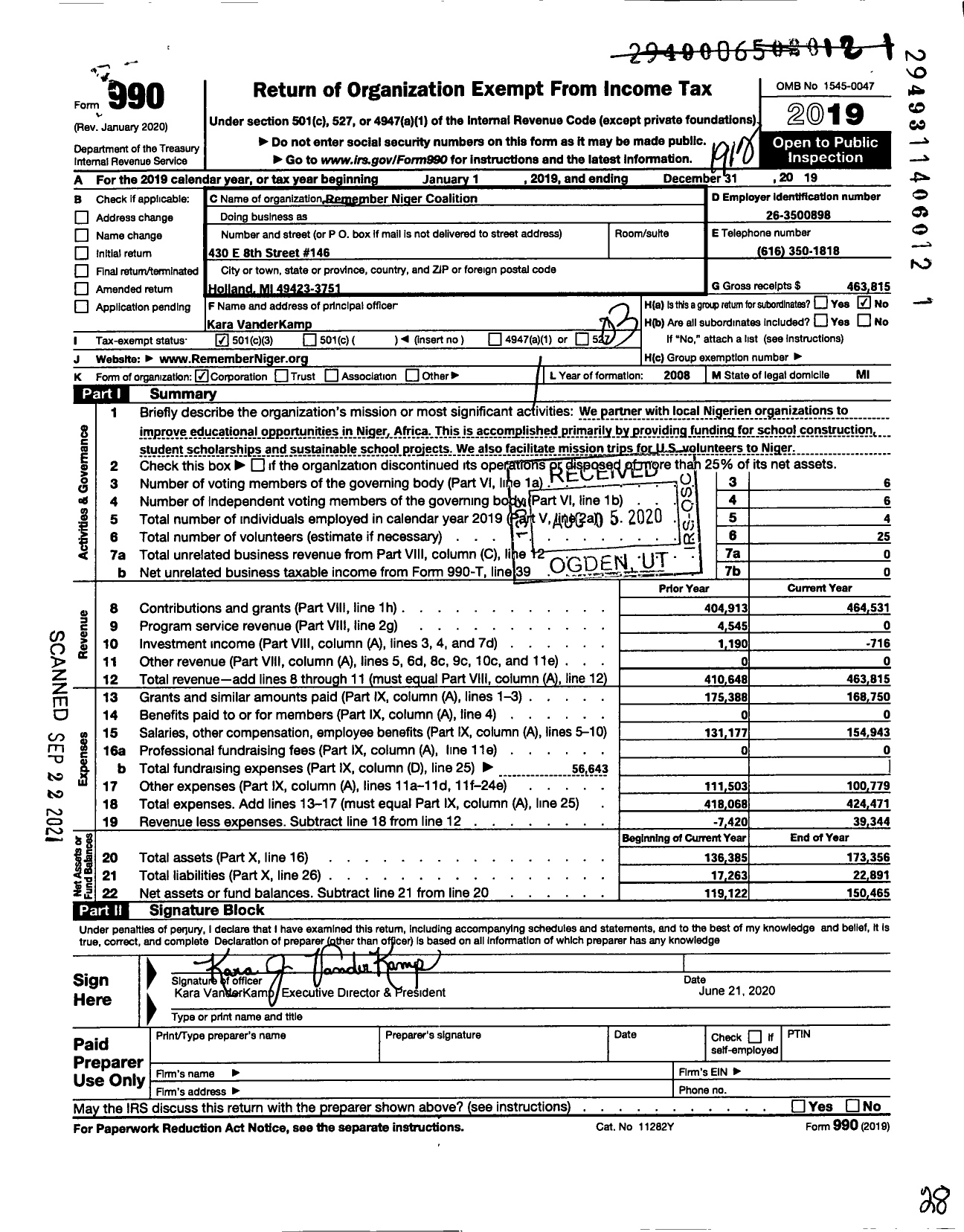 Image of first page of 2019 Form 990 for Remember Niger Coalition