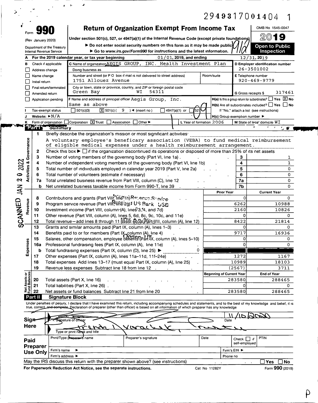 Image of first page of 2019 Form 990O for AEGIS GROUP / Veba Health Investment Plan