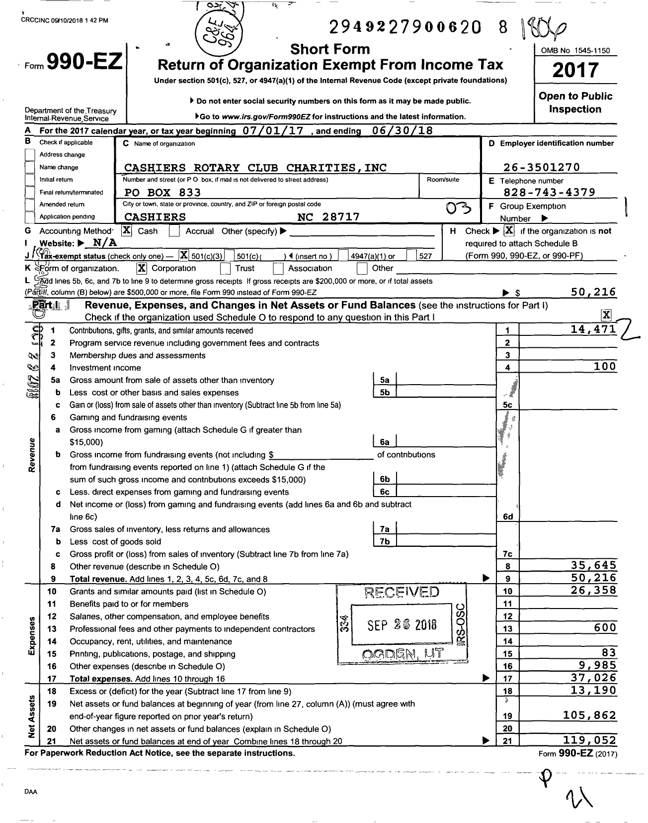 Image of first page of 2017 Form 990EZ for Cashiers Rotary Club Charities