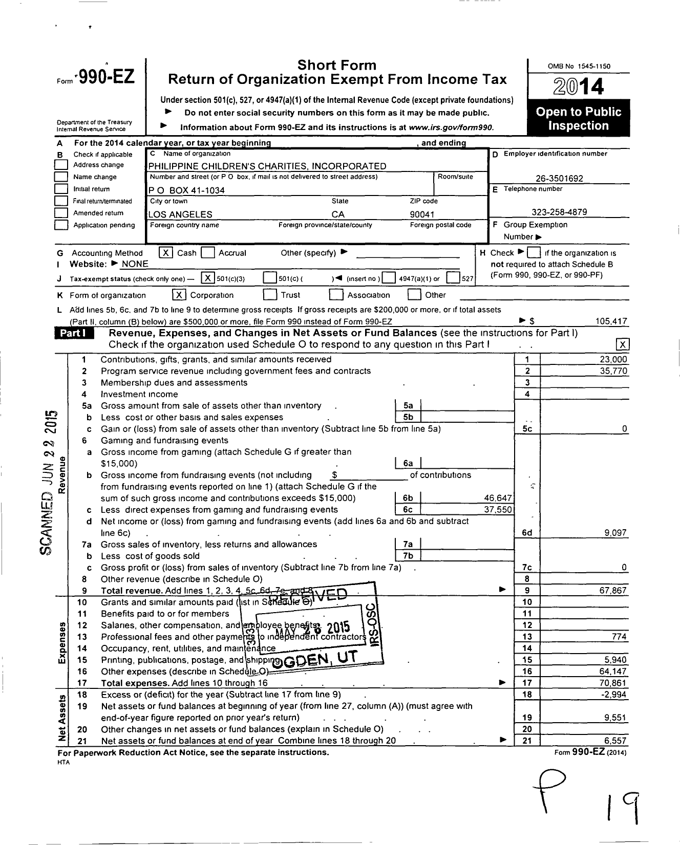 Image of first page of 2014 Form 990EZ for Philippine Children's Charities Incorporated