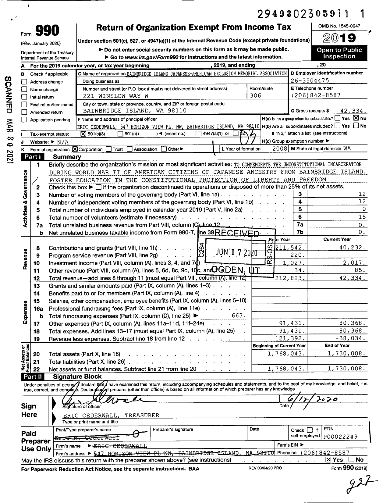 Image of first page of 2019 Form 990 for Bainbridge Island Japanese American Memorial