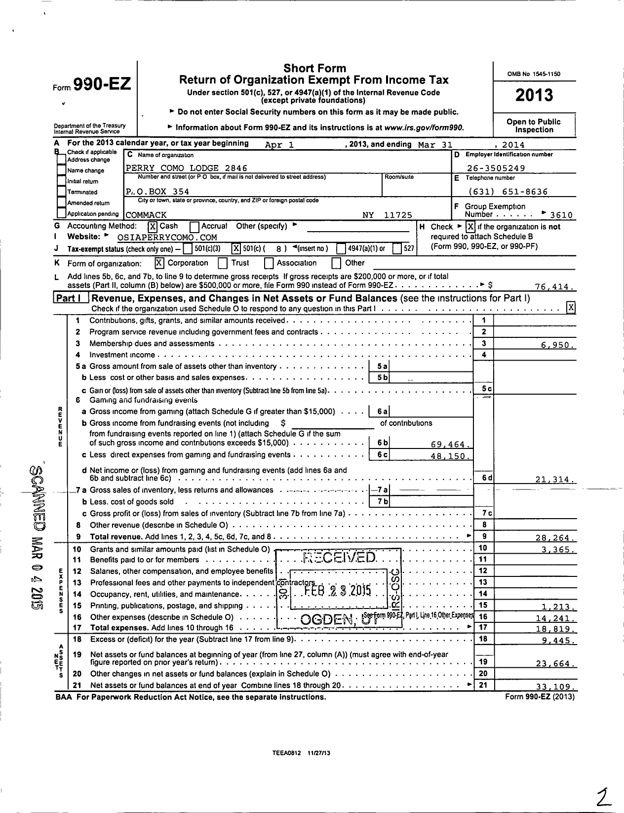 Image of first page of 2013 Form 990EO for Order Sons and Daughters of Italy in America - 2846 Perry Como Lodge