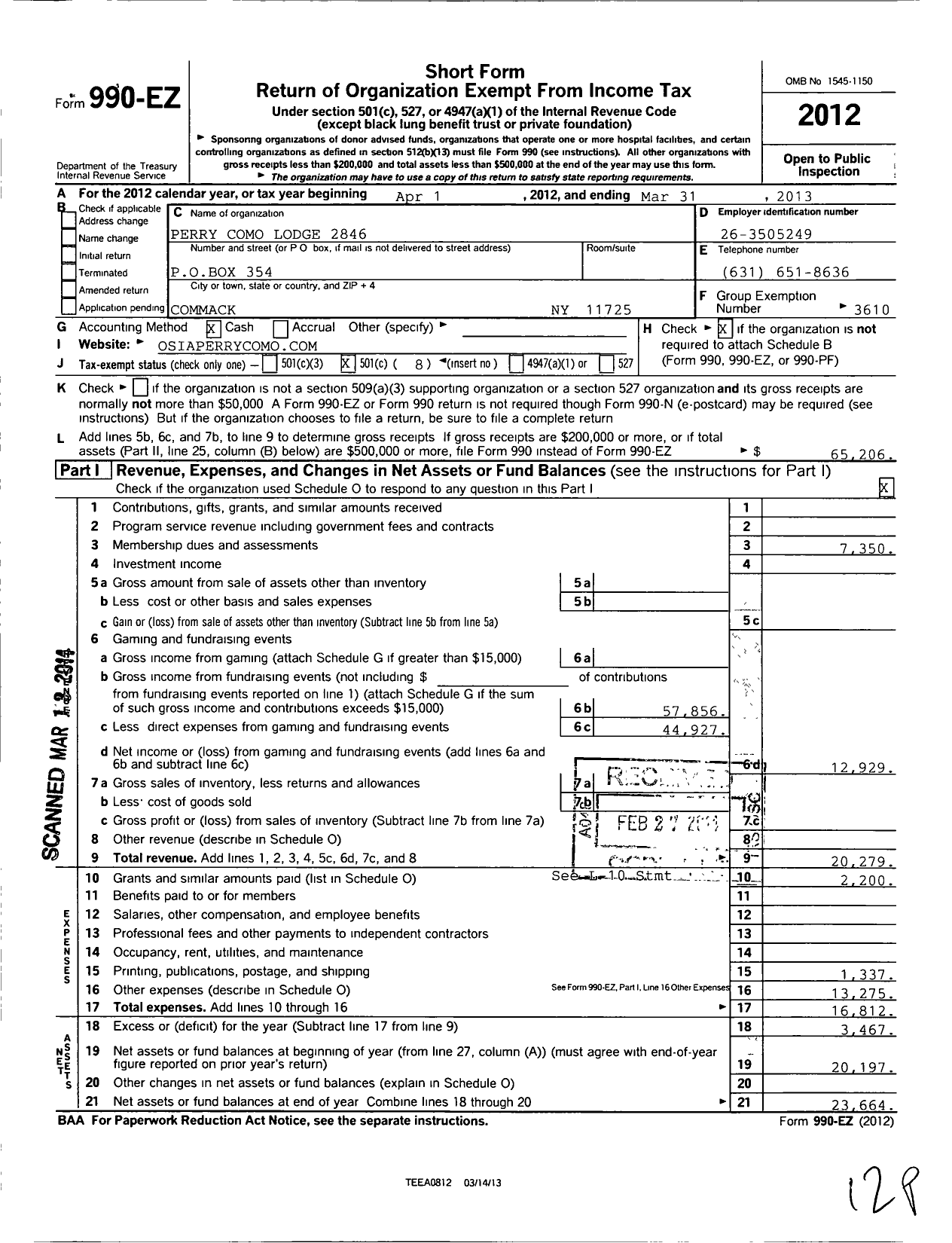 Image of first page of 2012 Form 990EO for Order Sons and Daughters of Italy in America - 2846 Perry Como Lodge