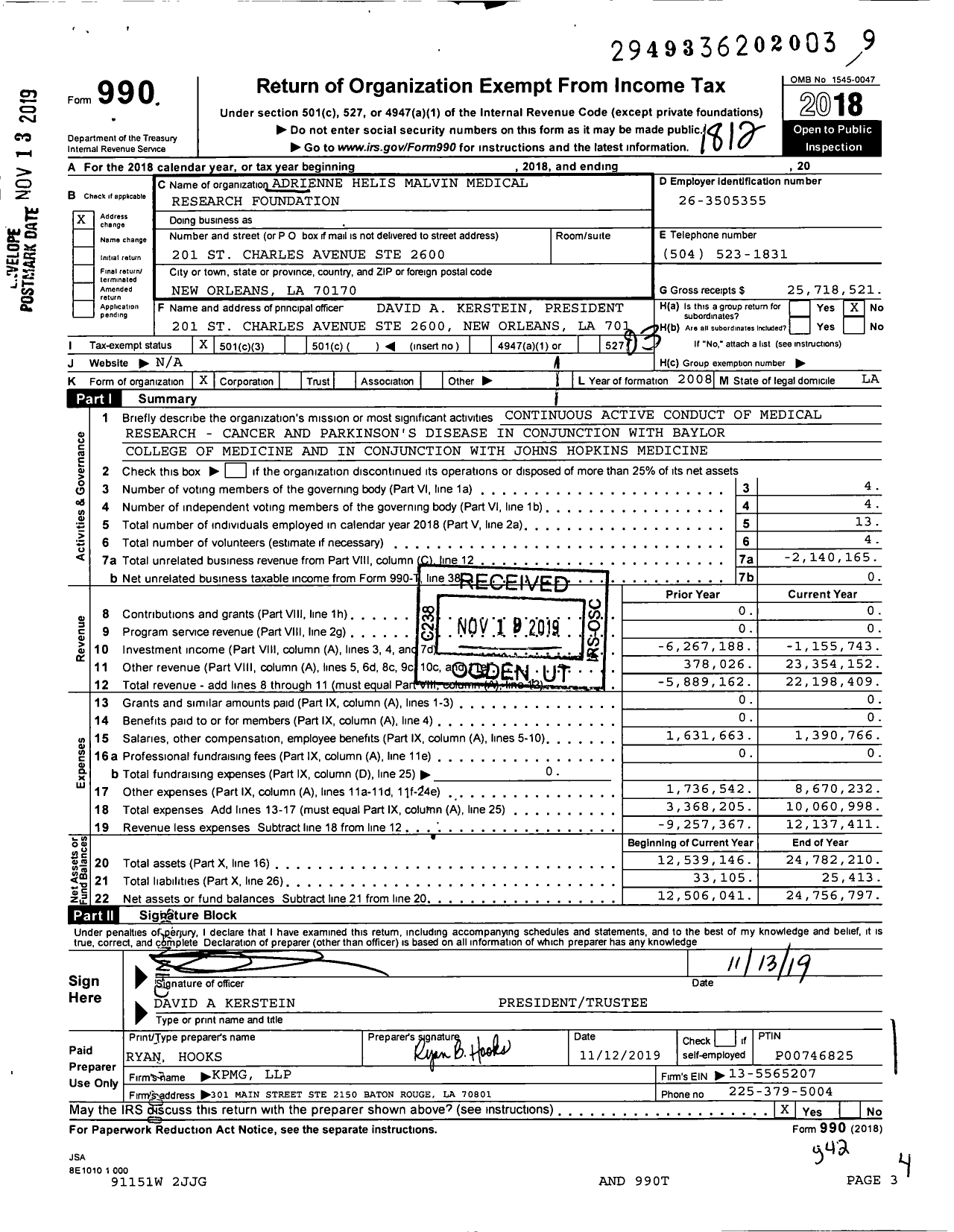 Image of first page of 2018 Form 990 for Adrienne Helis Malvin Medical Research Foundation