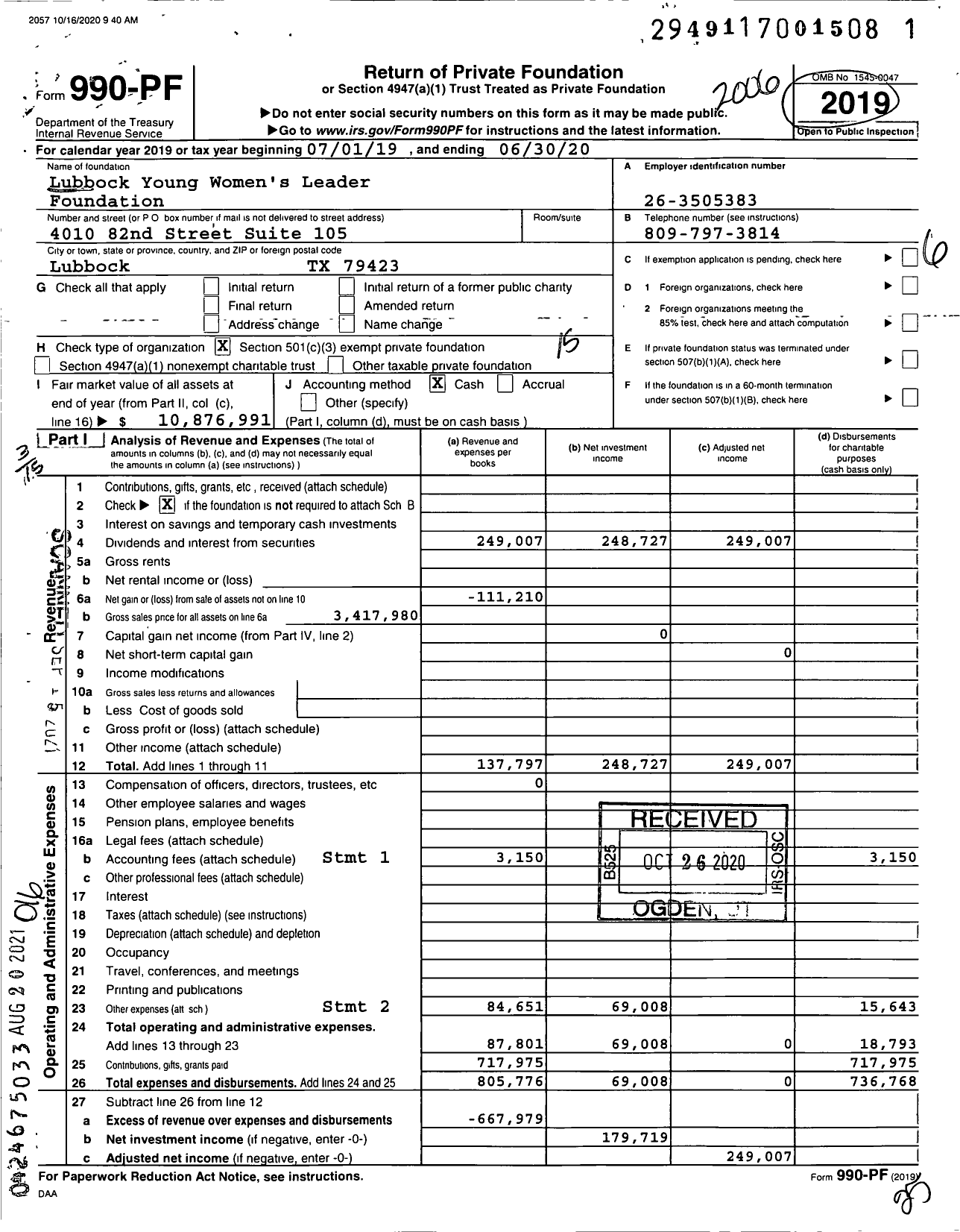 Image of first page of 2019 Form 990PF for Lubbock Young Women's Leader Foundation