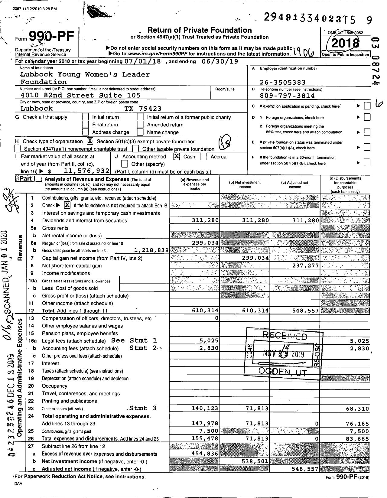 Image of first page of 2018 Form 990PF for Lubbock Young Women's Leader Foundation