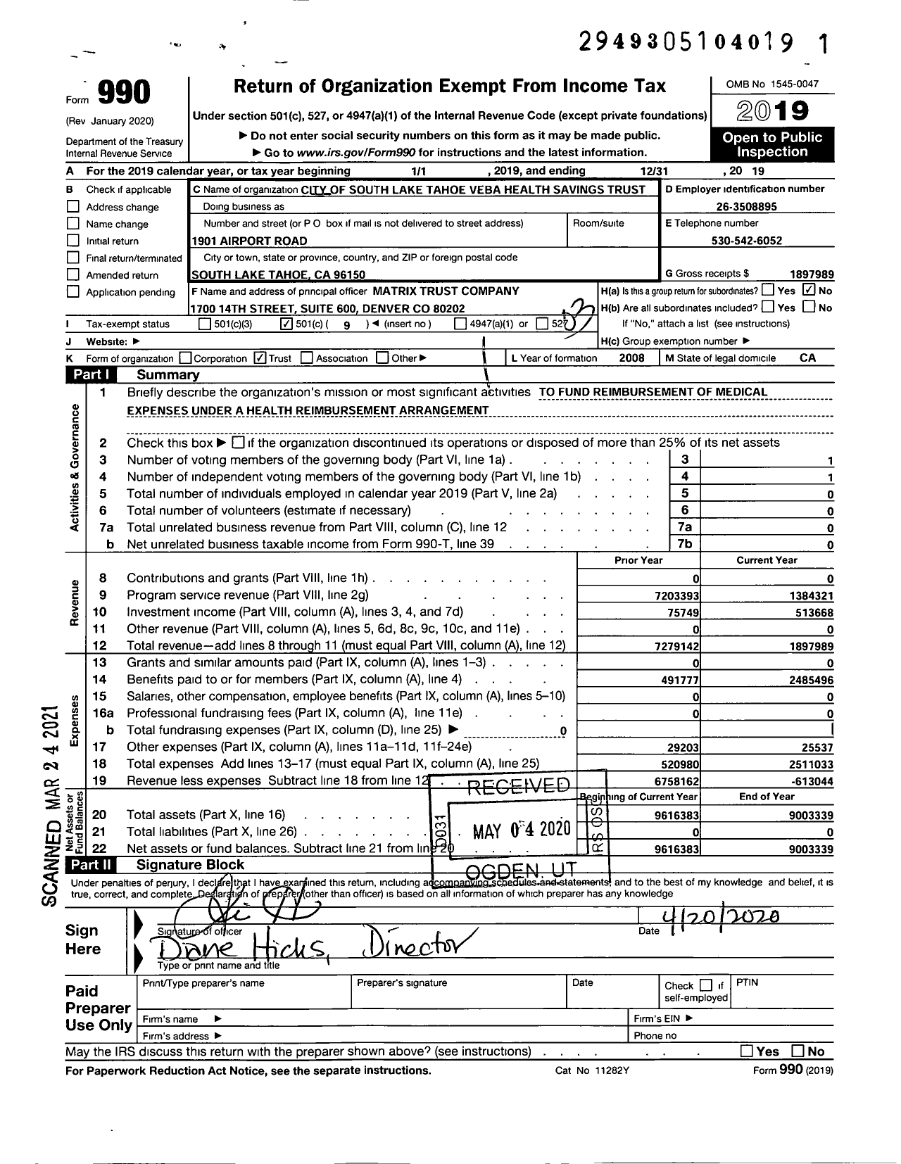 Image of first page of 2019 Form 990 for City of South Lake Tahoe Veba Health Savings Trust