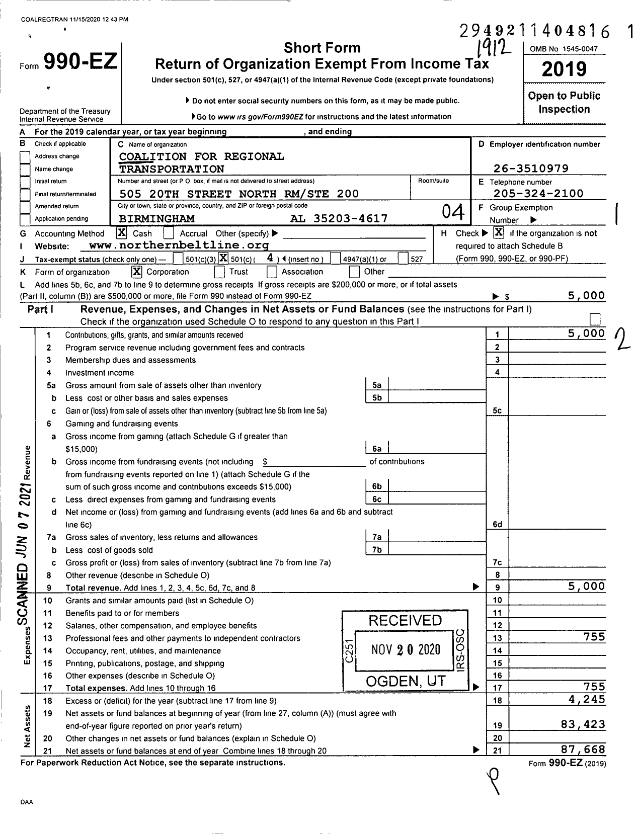 Image of first page of 2019 Form 990EO for Coalition For Regional Transportation