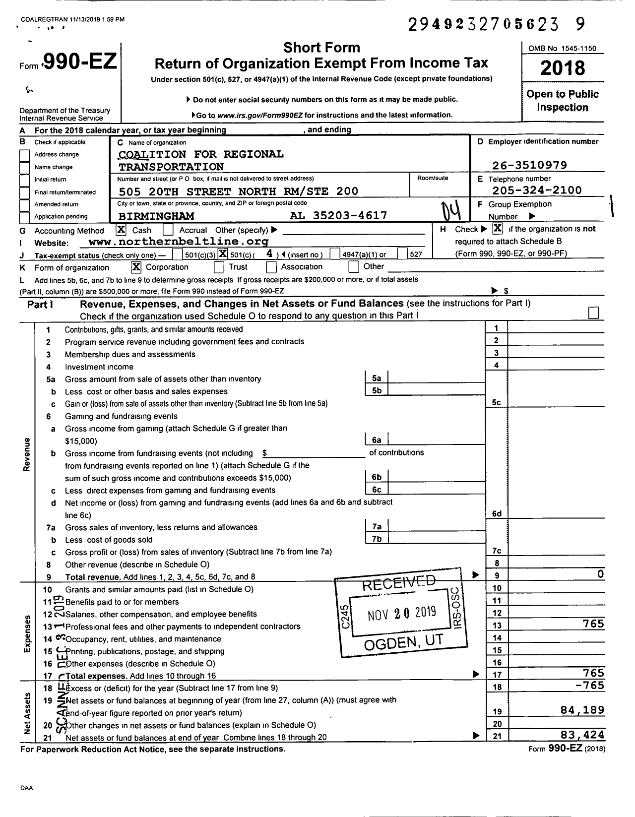 Image of first page of 2018 Form 990EO for Coalition For Regional Transportation