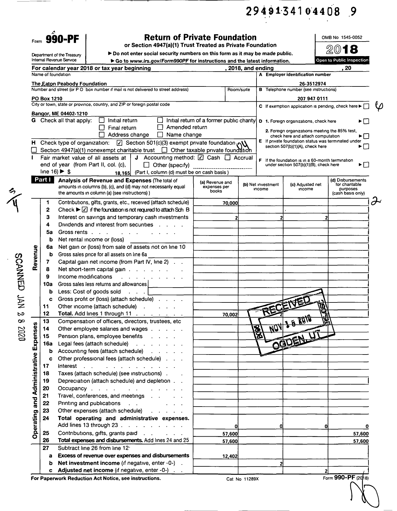 Image of first page of 2018 Form 990PF for Eaton Peabody Foundation
