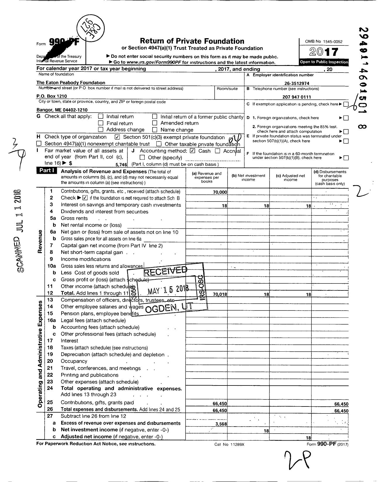 Image of first page of 2017 Form 990PF for Eaton Peabody Foundation