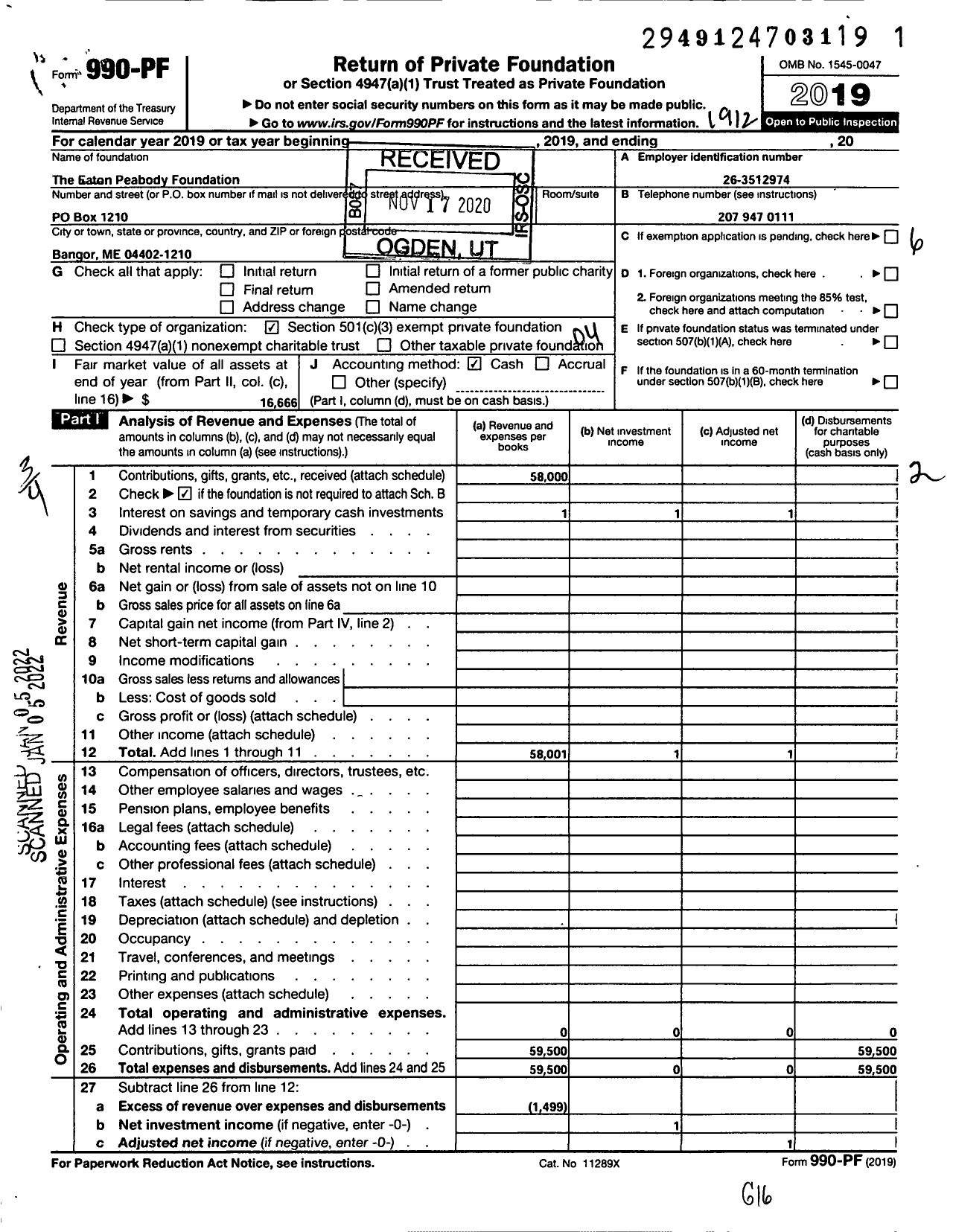 Image of first page of 2019 Form 990PF for Eaton Peabody Foundation