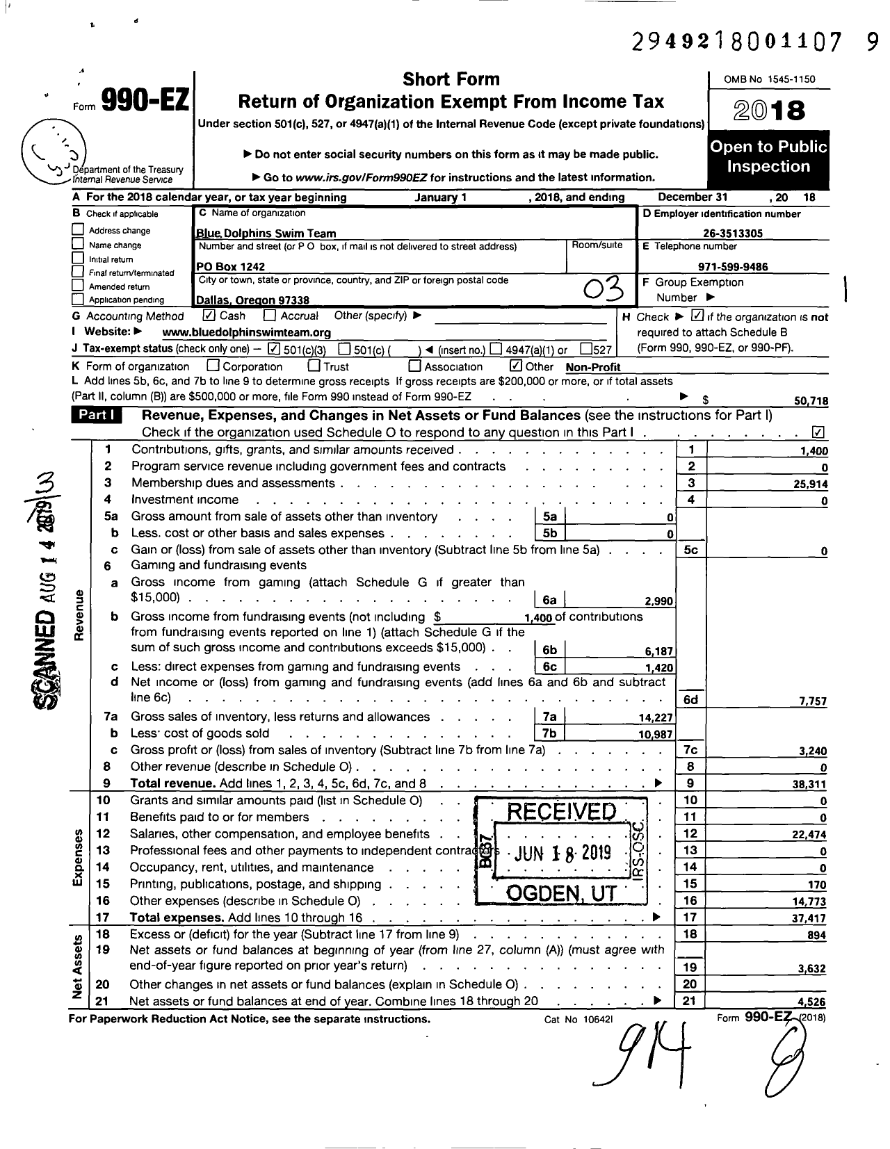 Image of first page of 2018 Form 990EZ for Blue Dolphins Swim Team