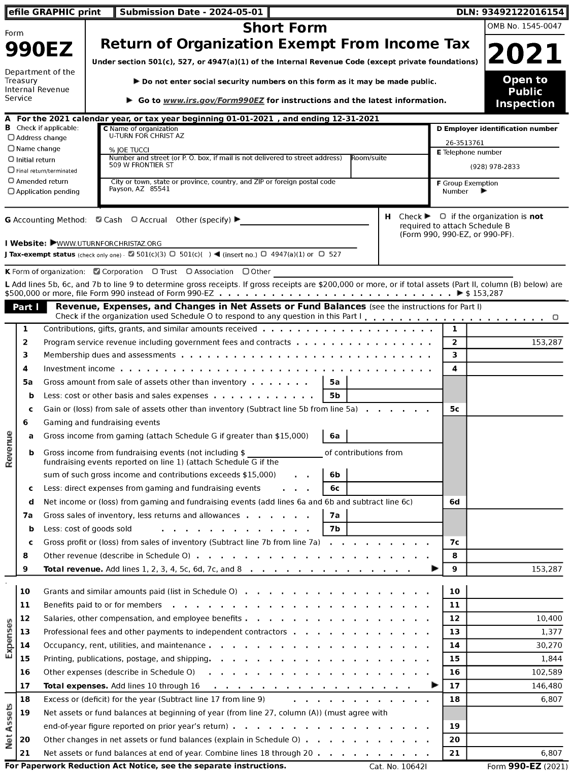 Image of first page of 2021 Form 990EZ for U-Turn for Christ AZ