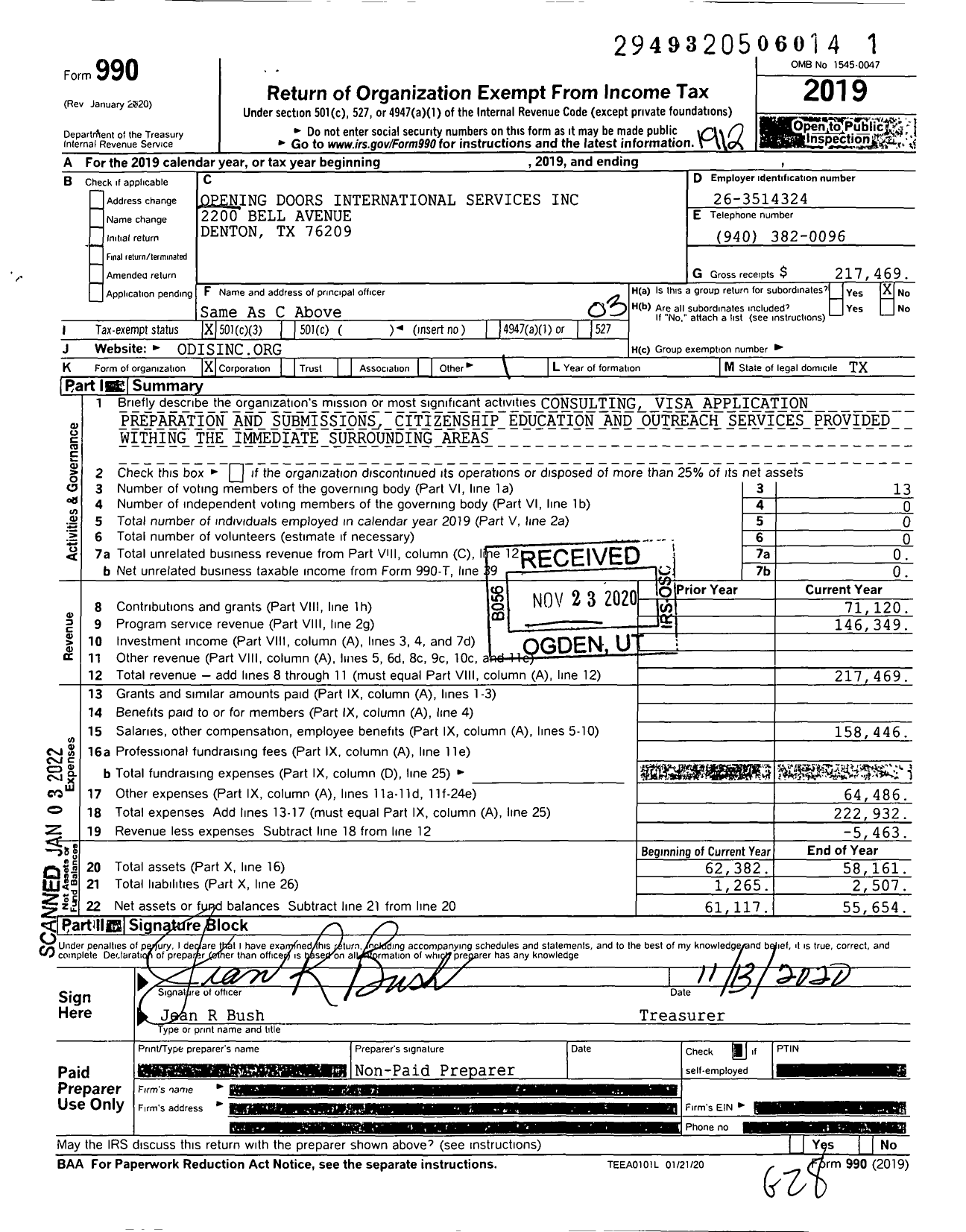 Image of first page of 2019 Form 990 for Opening Doors International Services (ODIS)