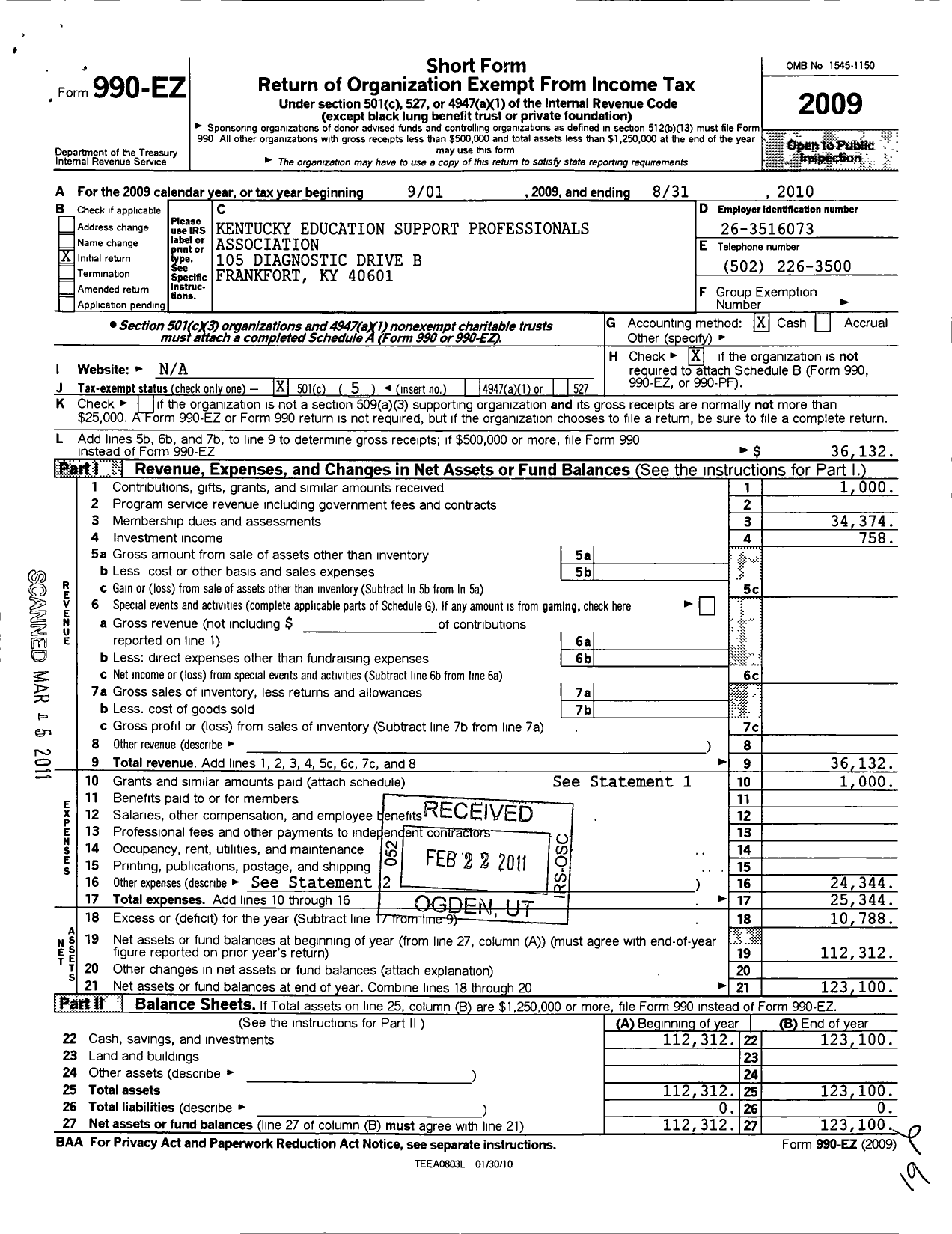 Image of first page of 2009 Form 990EO for Kentucky Education Support Professionals Association