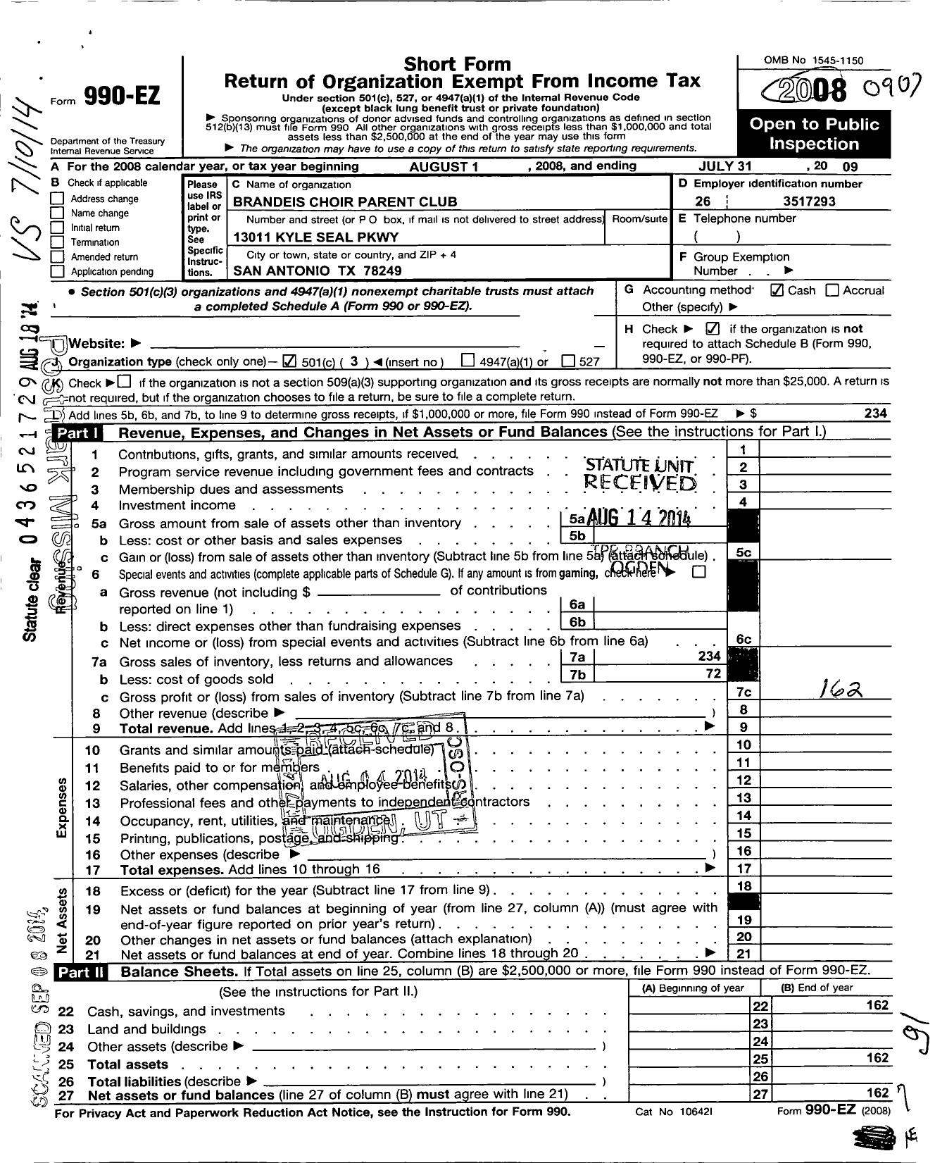 Image of first page of 2008 Form 990EZ for Brandeis Choir Parent Club