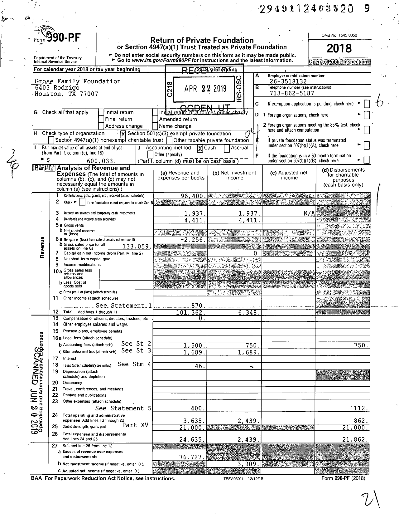 Image of first page of 2018 Form 990PF for Grose Family Foundation