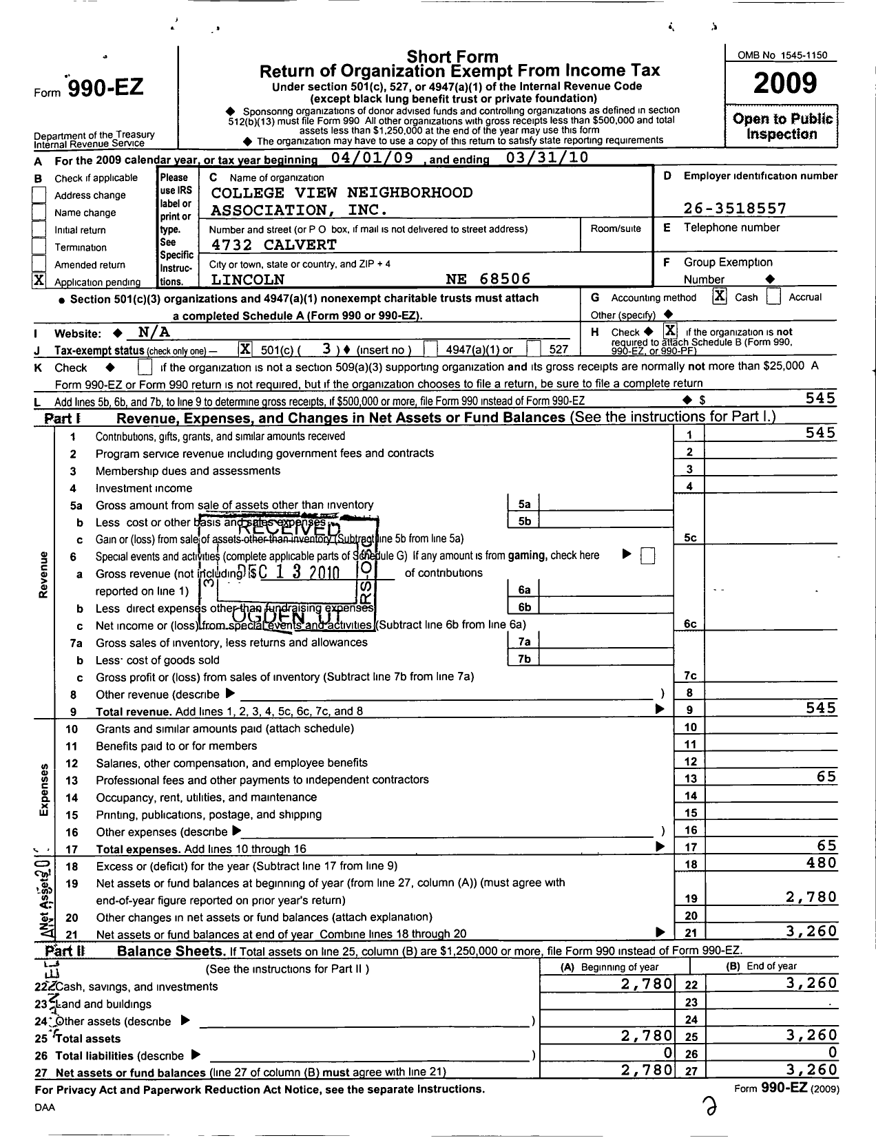 Image of first page of 2009 Form 990EZ for College View Neighborhood Association