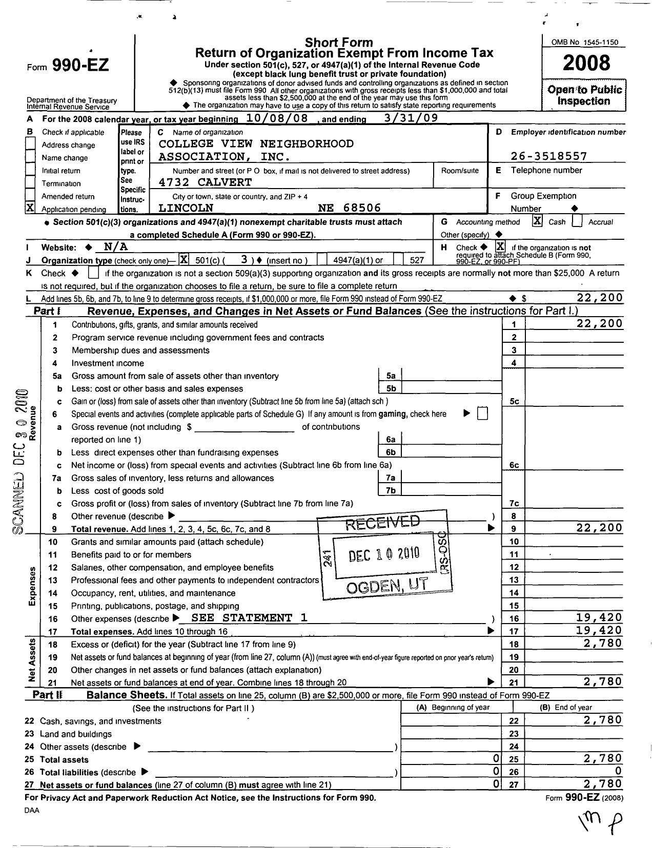 Image of first page of 2008 Form 990EZ for College View Neighborhood Association