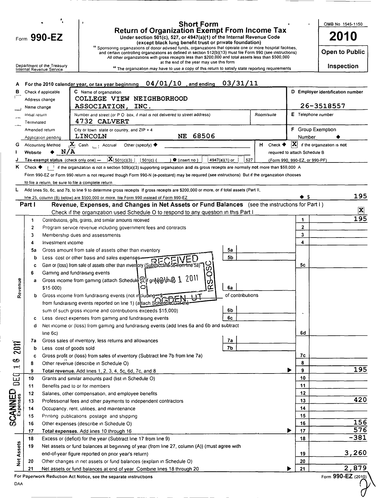 Image of first page of 2010 Form 990EZ for College View Neighborhood Association