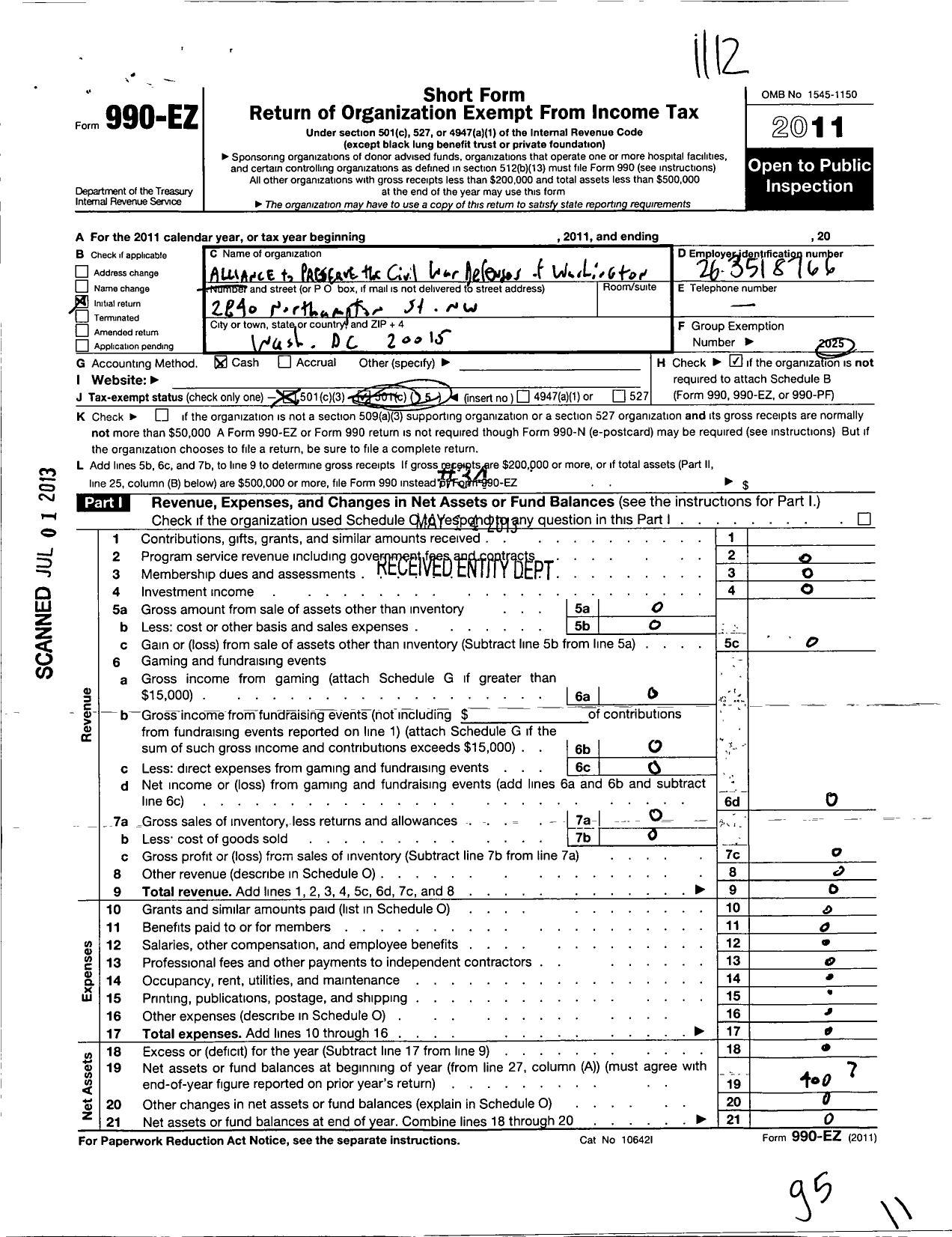 Image of first page of 2011 Form 990EZ for Alliance To Preserve the Civil War Defenses of Washington