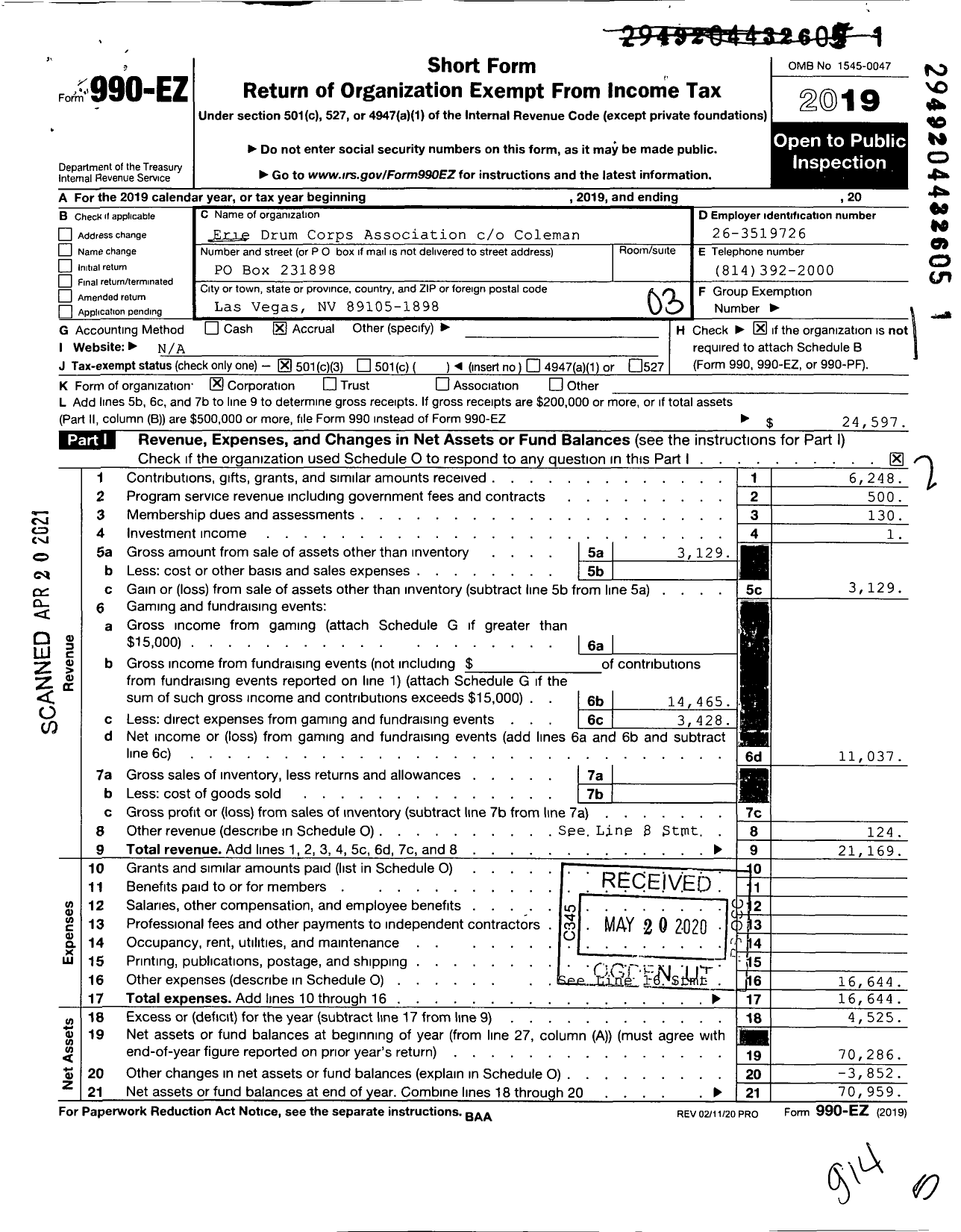 Image of first page of 2019 Form 990EZ for Erie Drum Corps Association Coleman