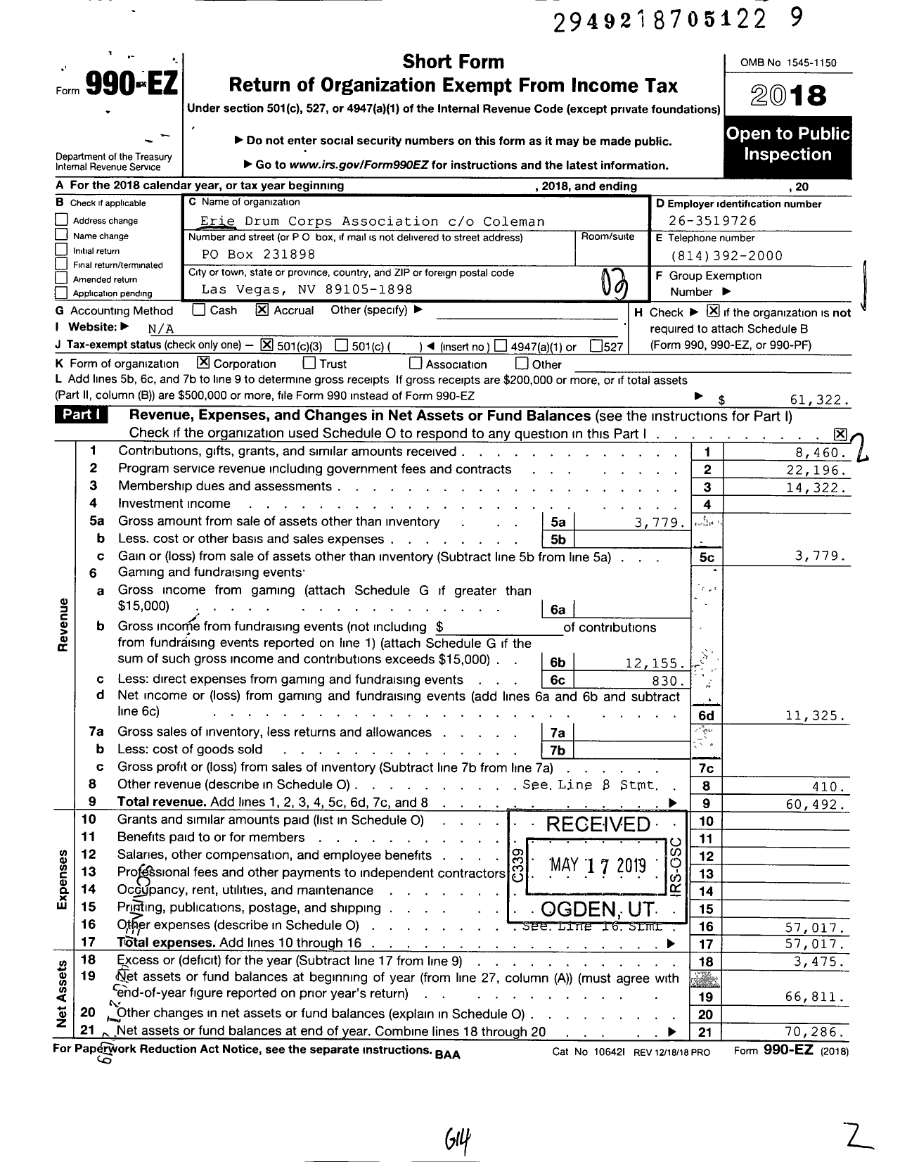 Image of first page of 2018 Form 990EZ for Erie Drum Corps Association Coleman