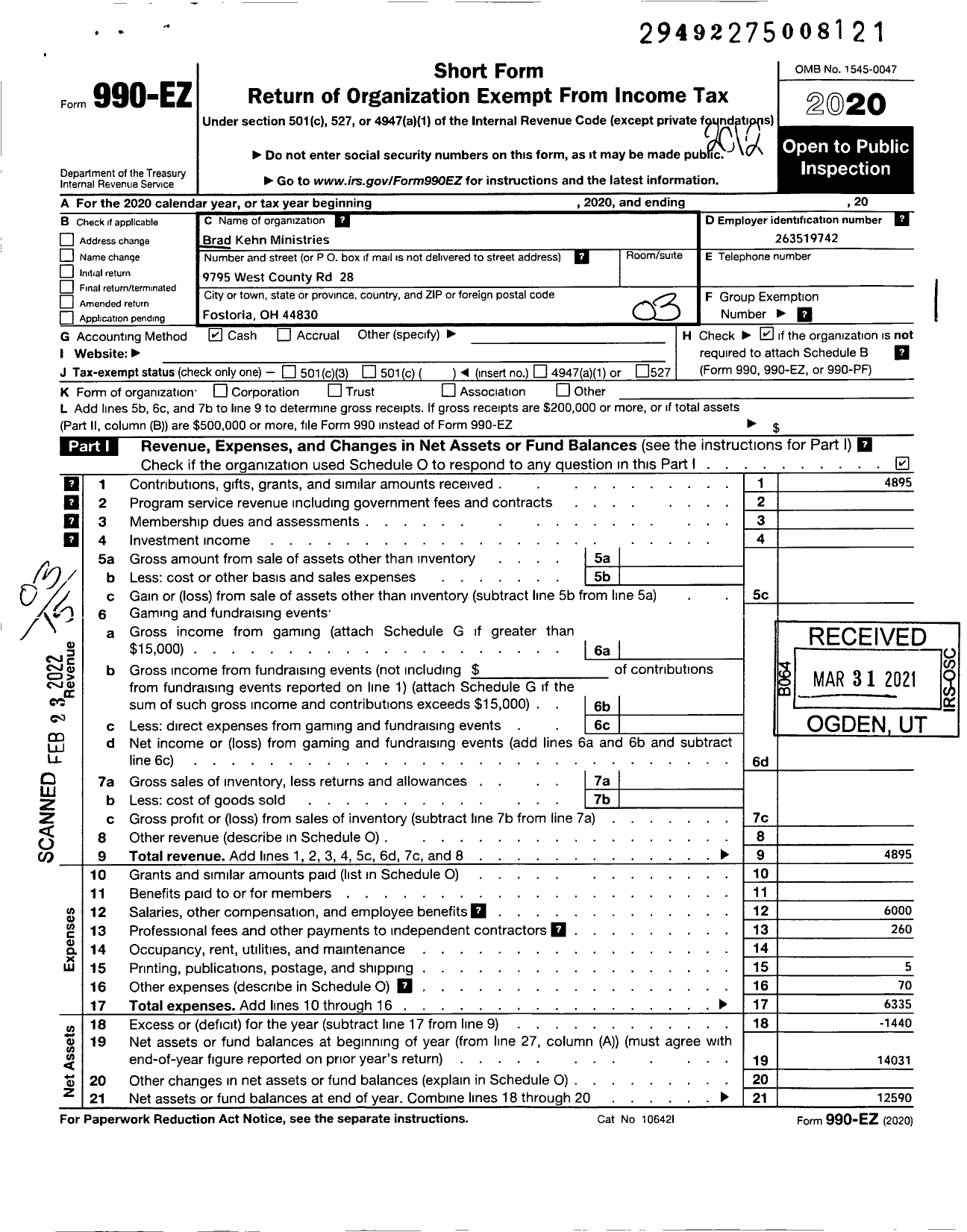 Image of first page of 2020 Form 990EZ for Brad Kehn Ministries