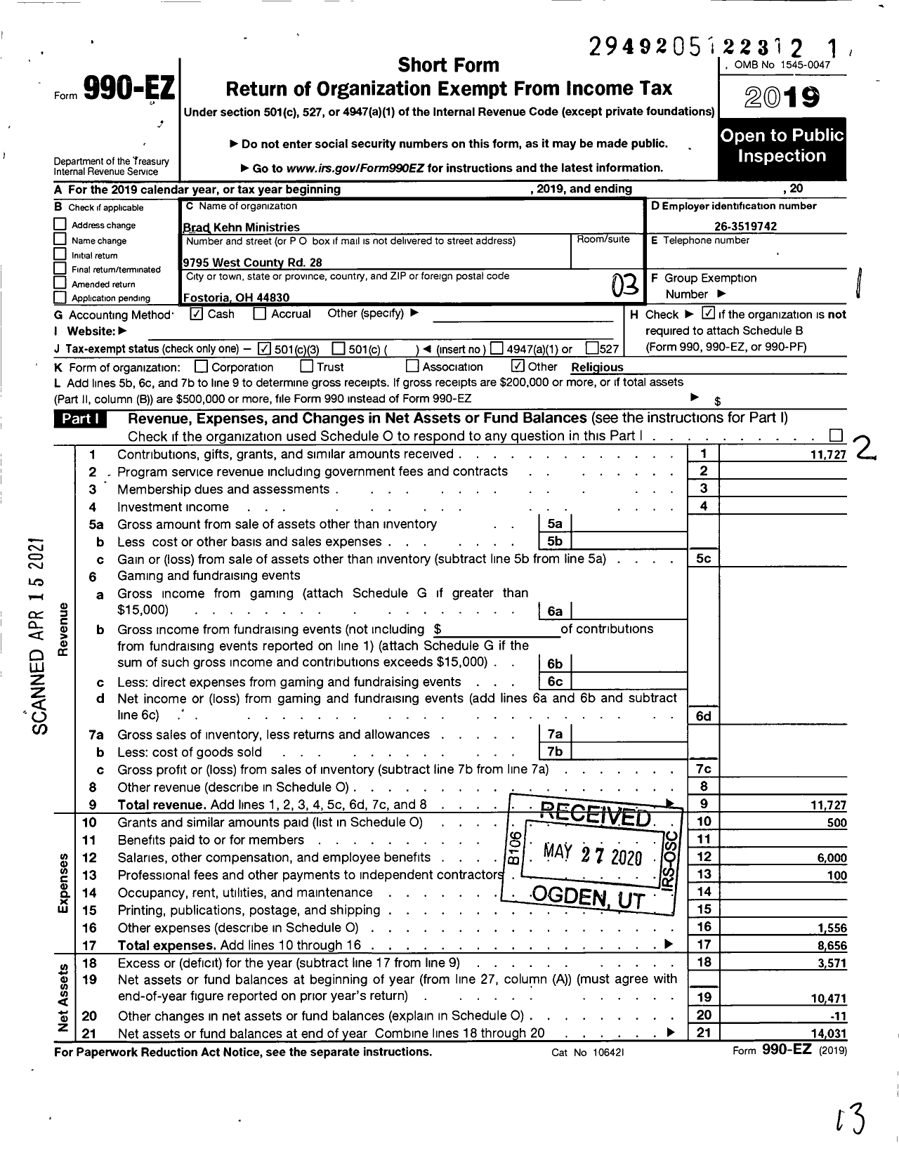 Image of first page of 2019 Form 990EZ for Brad Kehn Ministries