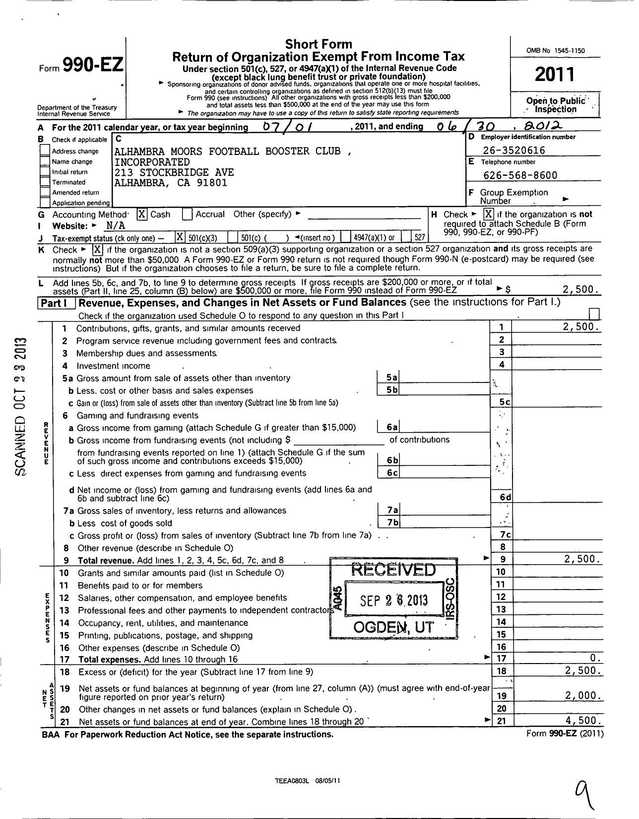 Image of first page of 2011 Form 990EZ for Alhambra Moors Football Booster Club Incorporated