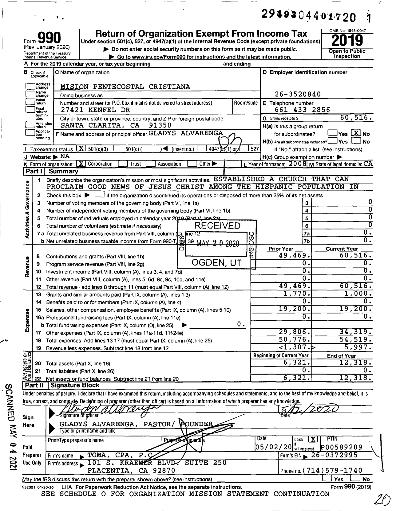 Image of first page of 2019 Form 990 for Mision Pentecostal Cristiana